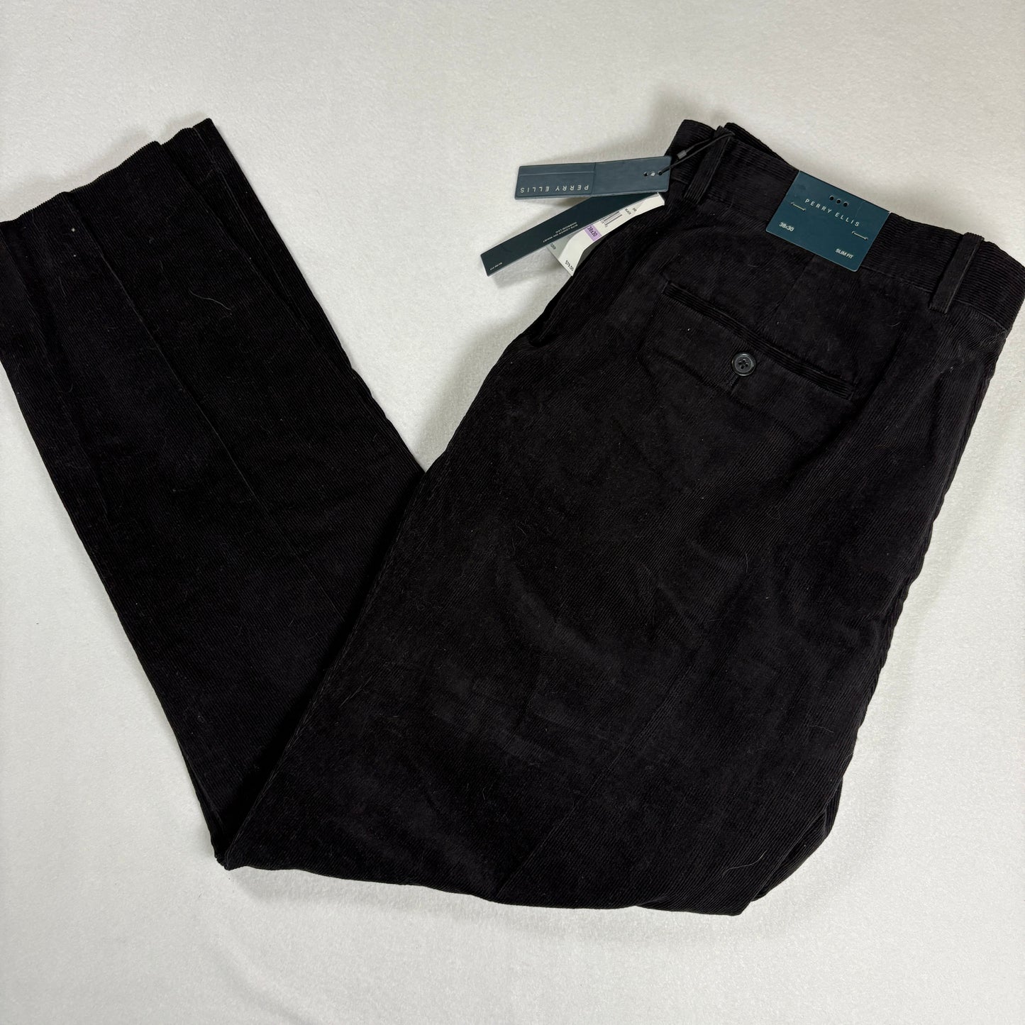 Perry Ellis Mens Slim Fit Corduroy Pants 38x30 Black Stretch Dress Casual NWT