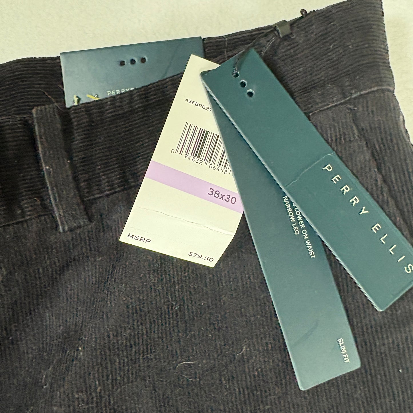 Perry Ellis Mens Slim Fit Corduroy Pants 38x30 Black Stretch Dress Casual NWT