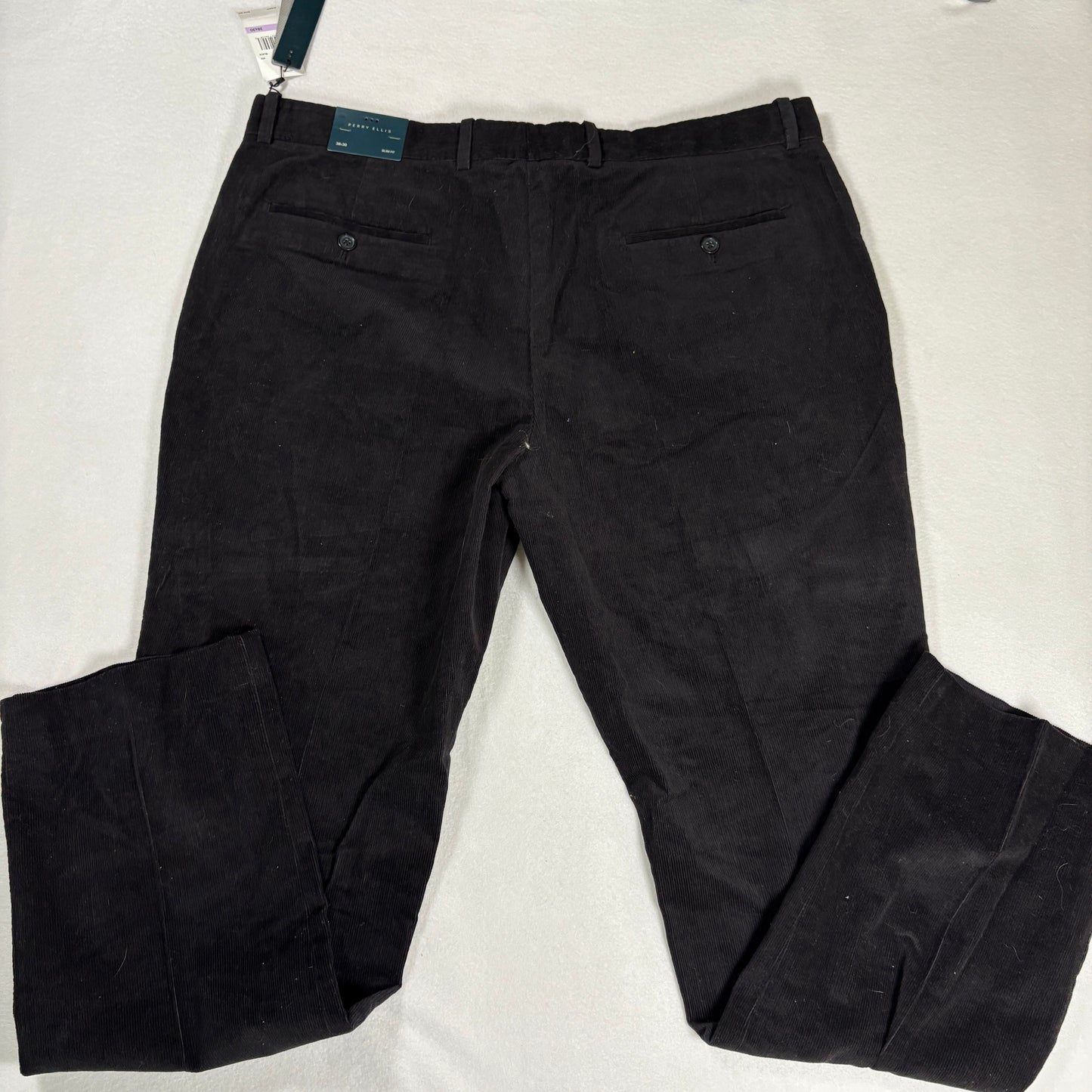 Perry Ellis Mens Slim Fit Corduroy Pants 38x30 Black Stretch Dress Casual NWT
