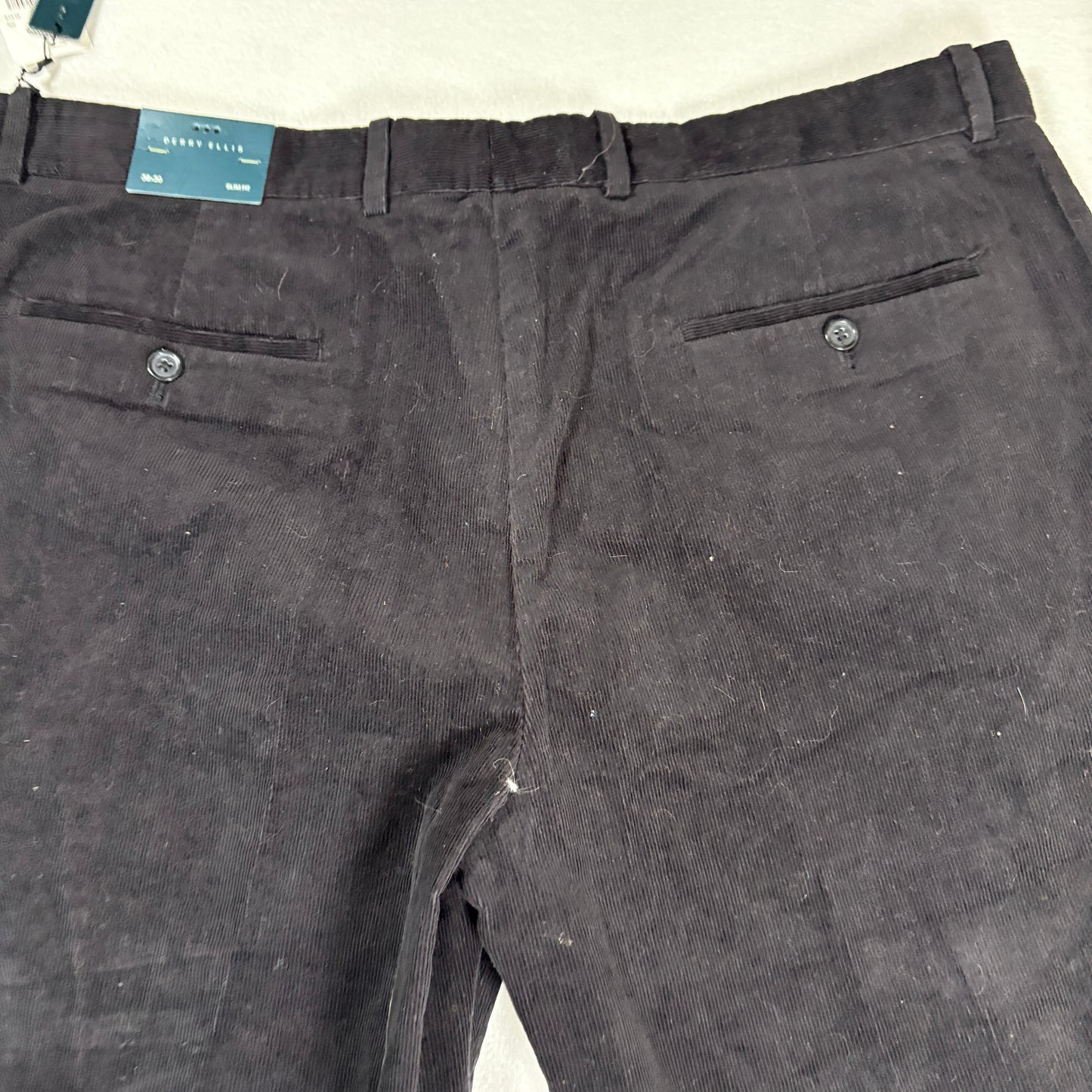 Perry Ellis Mens Slim Fit Corduroy Pants 38x30 Black Stretch Dress Casual NWT