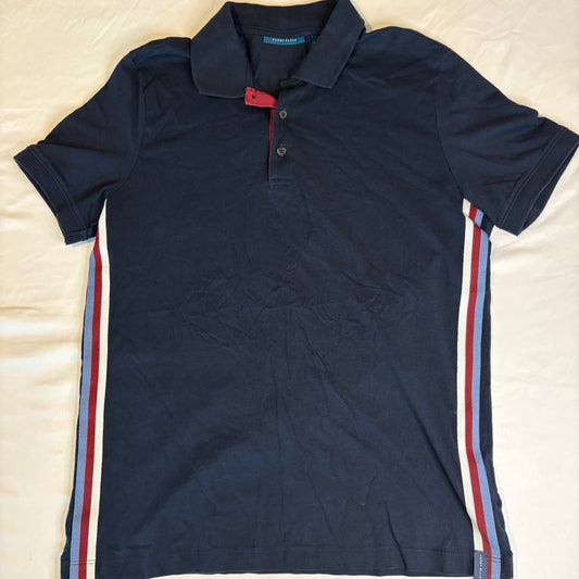Perry Ellis Polo Shirt Men’s Medium Navy Blue Short Sleeve Striped Side Trim Casual