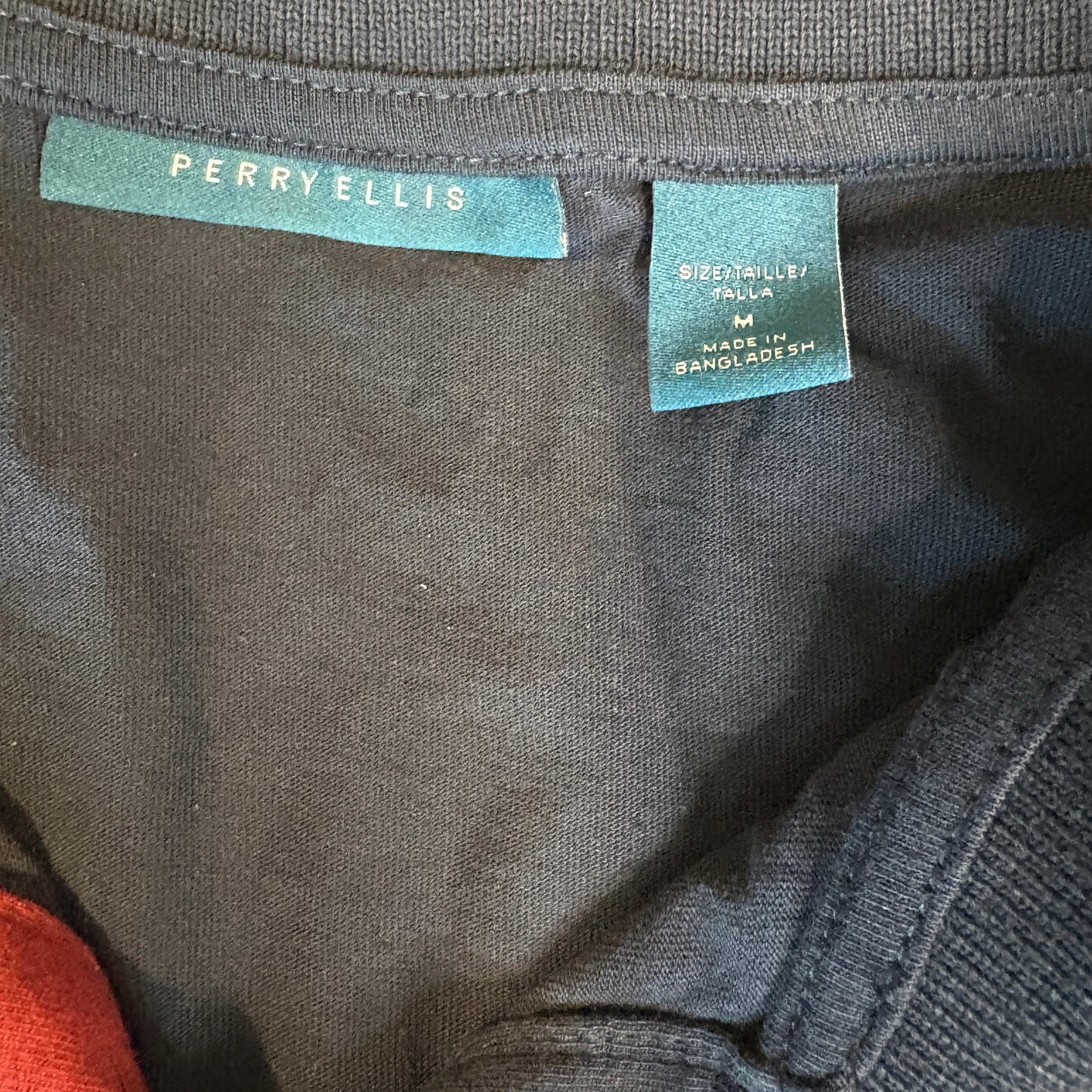 Perry Ellis Polo Shirt Men’s Medium Navy Blue Short Sleeve Striped Side Trim Casual