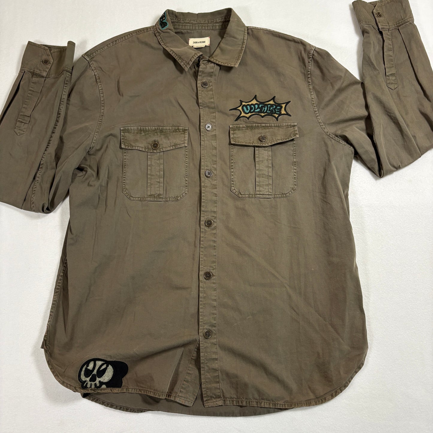 Zadig Voltaire Mens Button Up Shirt Large Khaki Military Embroidered Skull Vintage