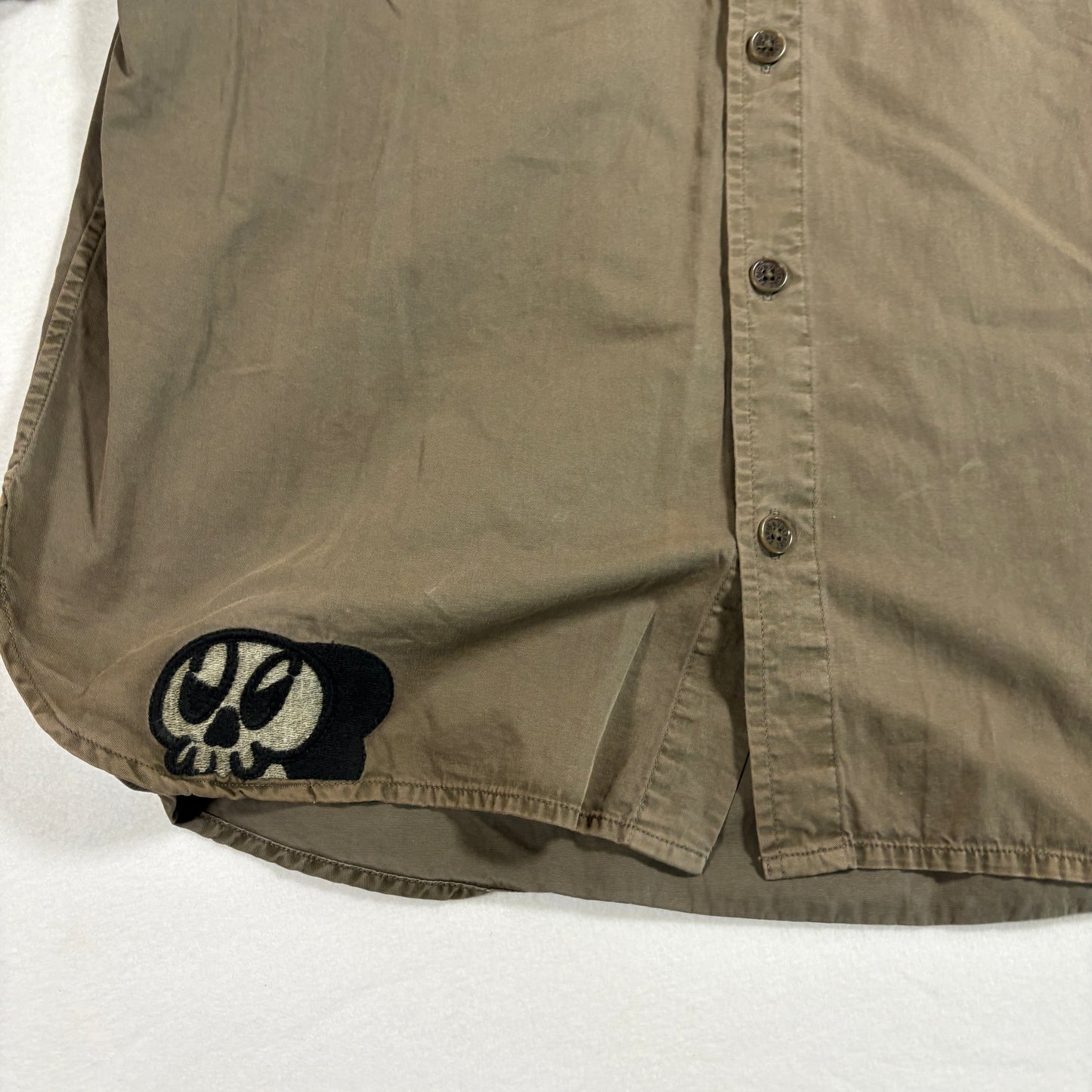 Zadig Voltaire Mens Button Up Shirt Large Khaki Military Embroidered Skull Vintage