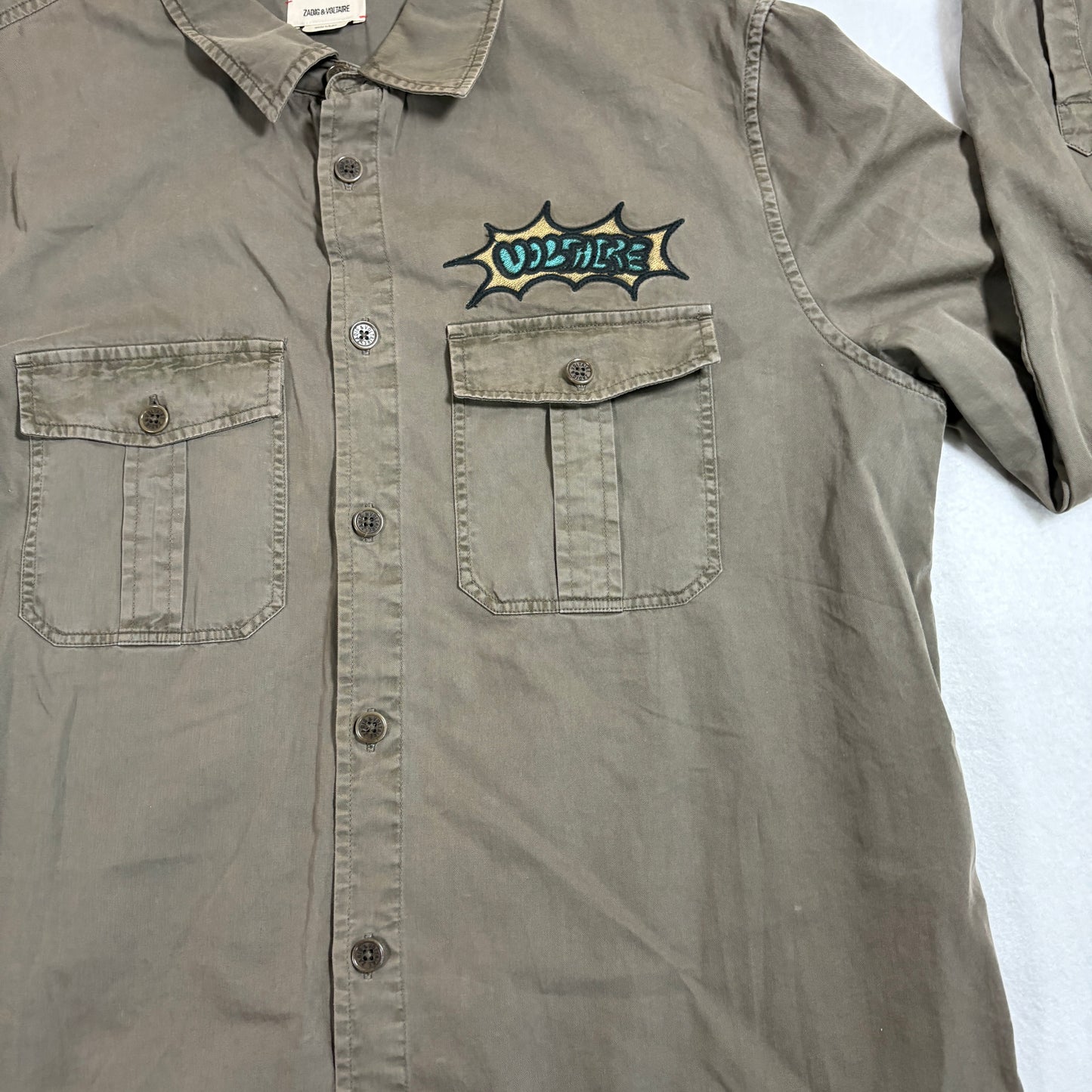 Zadig Voltaire Mens Button Up Shirt Large Khaki Military Embroidered Skull Vintage