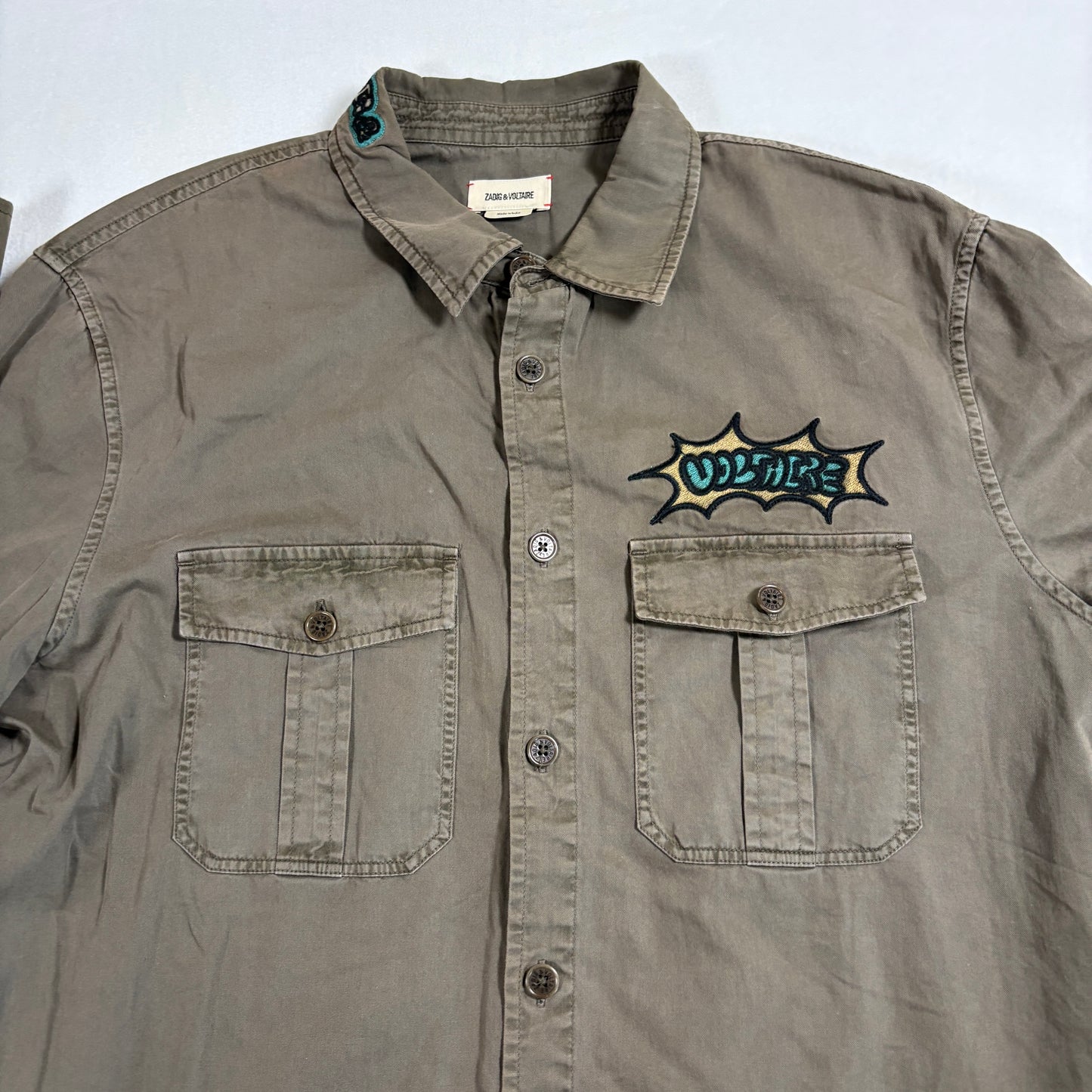 Zadig Voltaire Mens Button Up Shirt Large Khaki Military Embroidered Skull Vintage