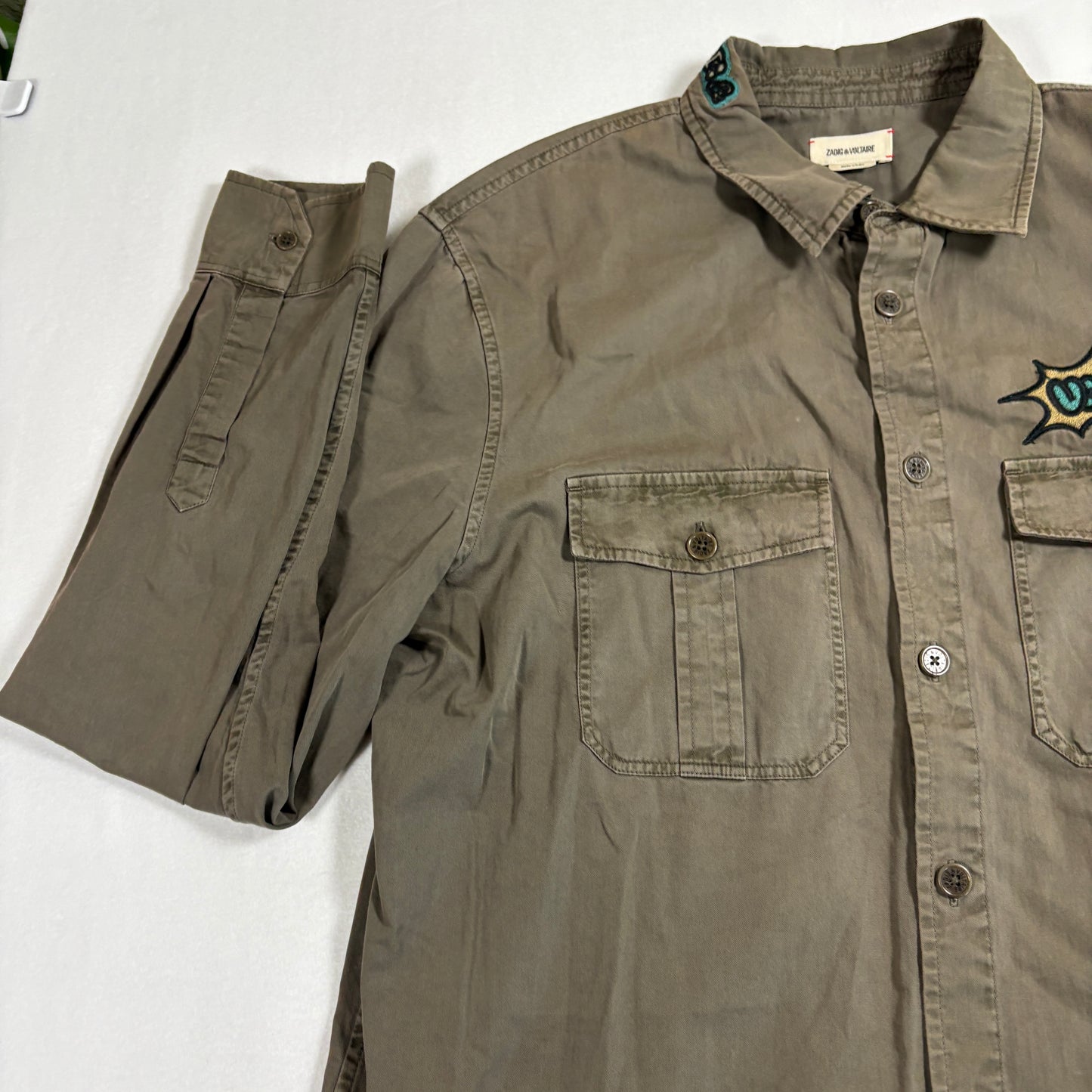 Zadig Voltaire Mens Button Up Shirt Large Khaki Military Embroidered Skull Vintage