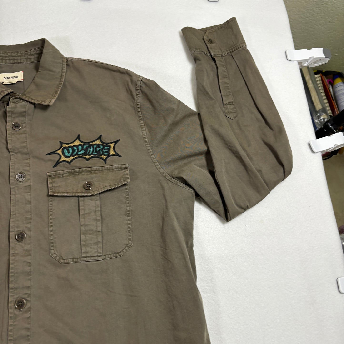 Zadig Voltaire Mens Button Up Shirt Large Khaki Military Embroidered Skull Vintage