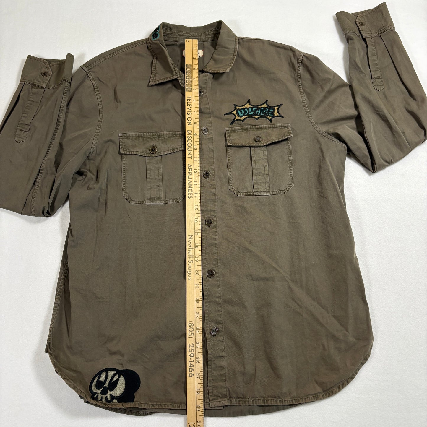 Zadig Voltaire Mens Button Up Shirt Large Khaki Military Embroidered Skull Vintage