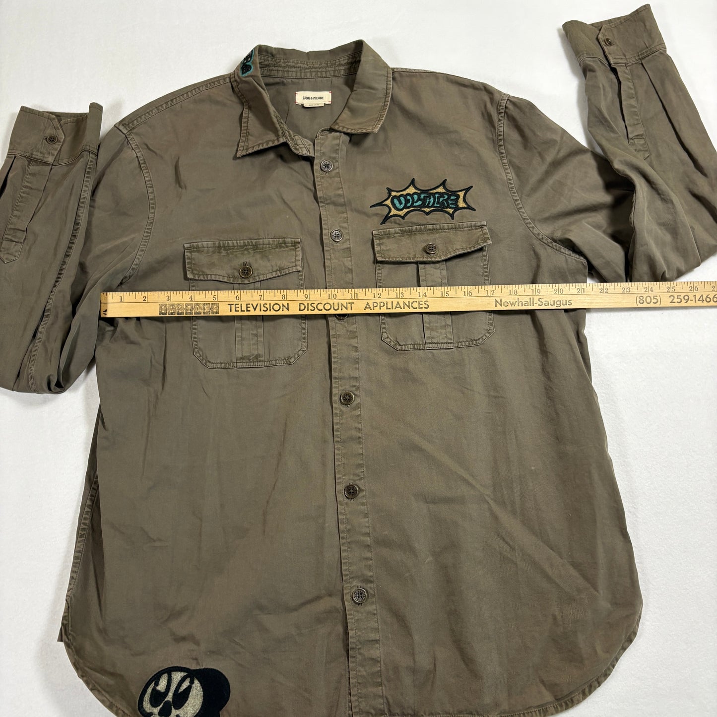 Zadig Voltaire Mens Button Up Shirt Large Khaki Military Embroidered Skull Vintage