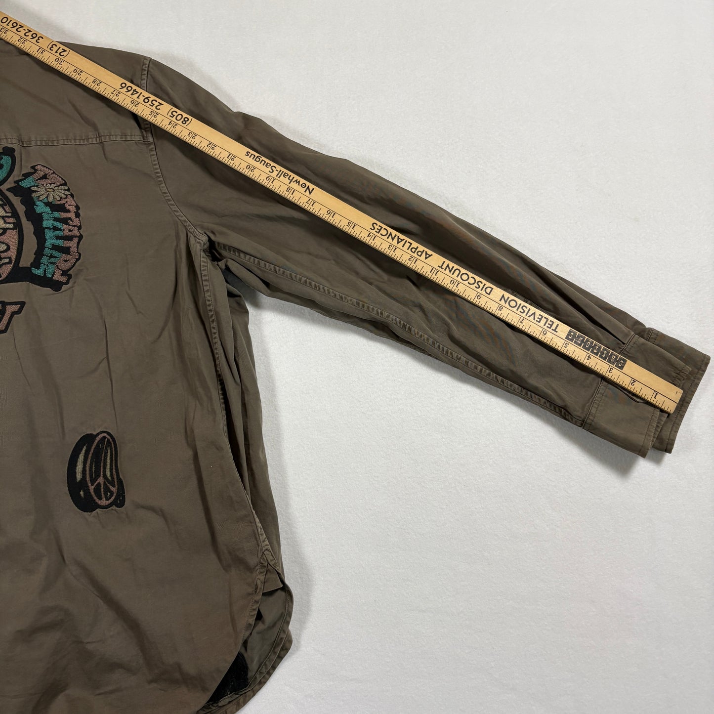 Zadig Voltaire Mens Button Up Shirt Large Khaki Military Embroidered Skull Vintage