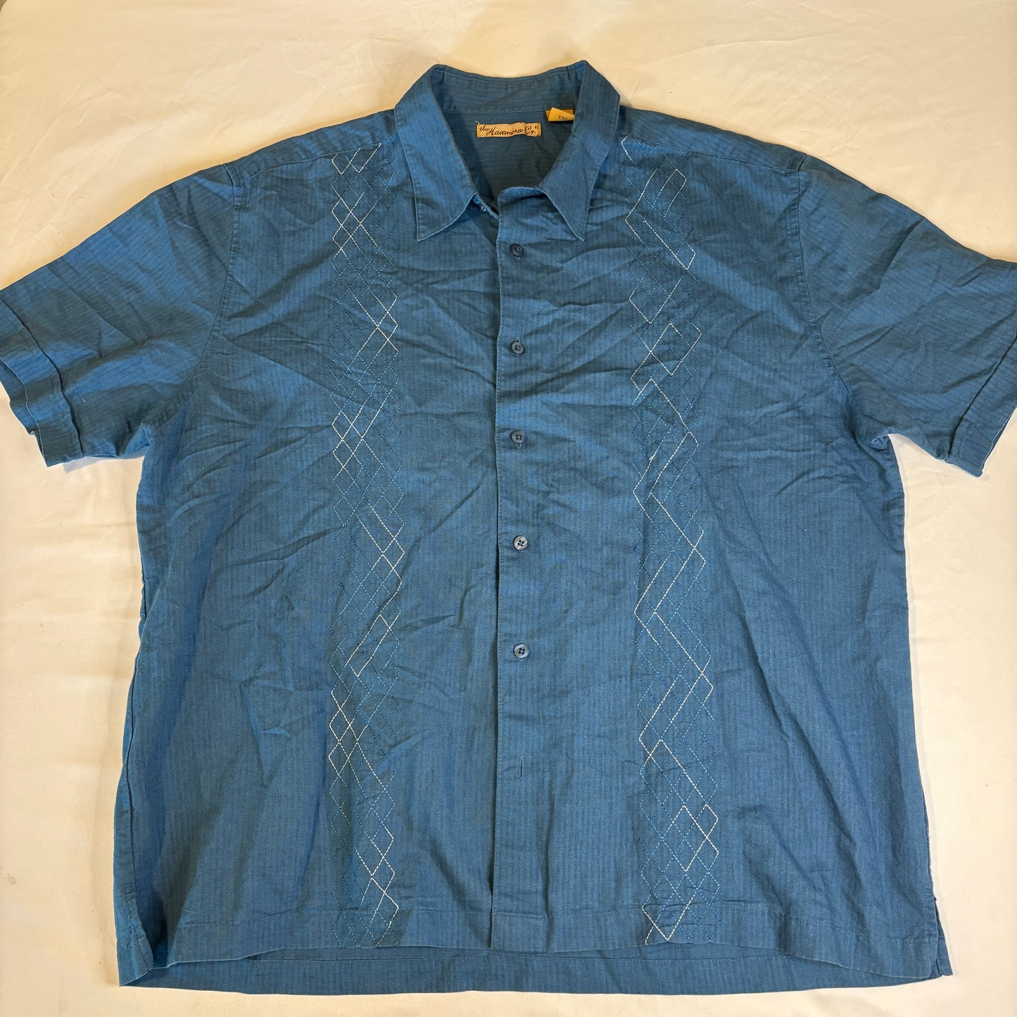 Havana Co. Blue Linen Cotton Guayabera Shirt XXL Short Sleeve Embroidered