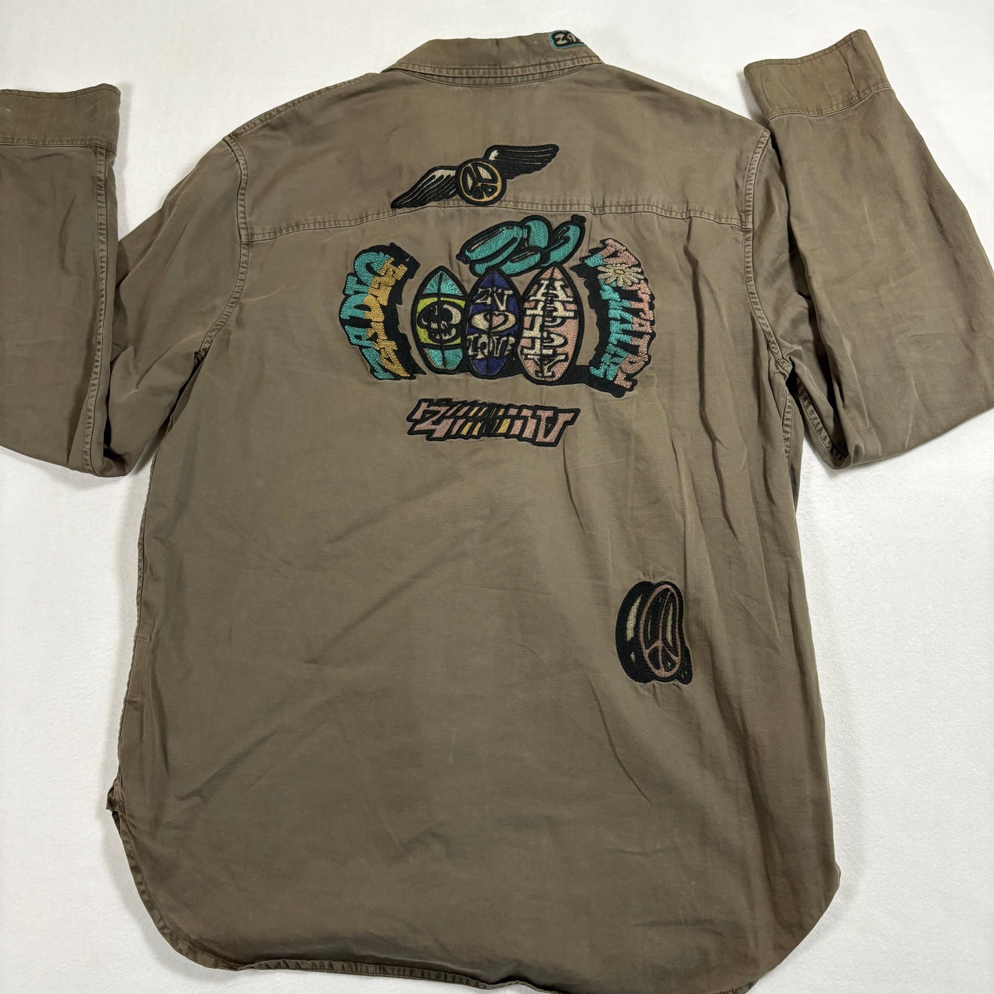 Zadig Voltaire Mens Button Up Shirt Large Khaki Military Embroidered Skull Vintage