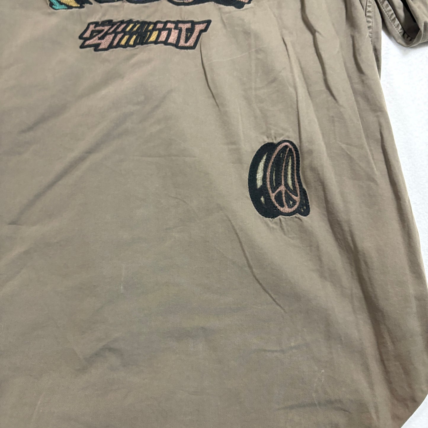 Zadig Voltaire Mens Button Up Shirt Large Khaki Military Embroidered Skull Vintage