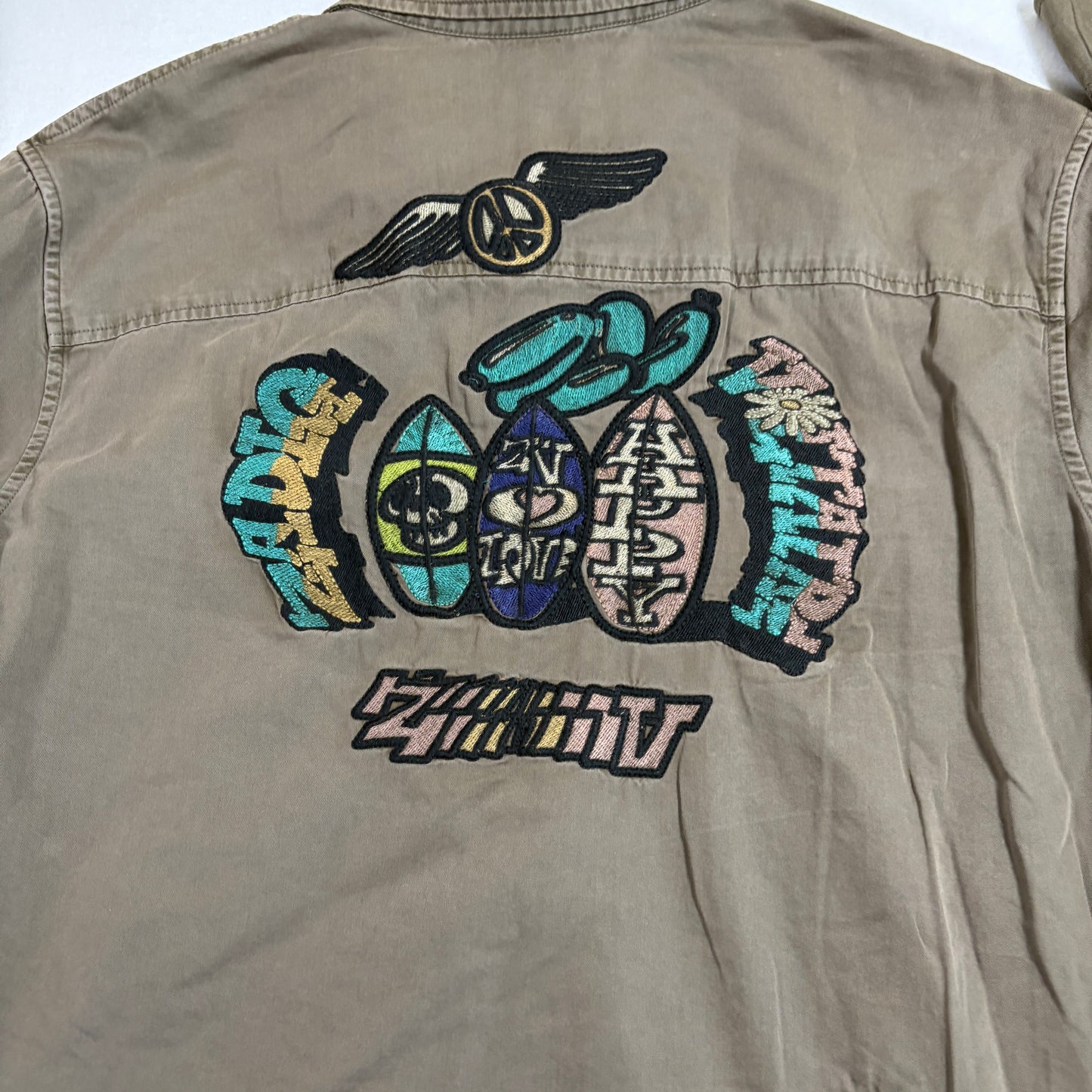 Zadig Voltaire Mens Button Up Shirt Large Khaki Military Embroidered Skull Vintage