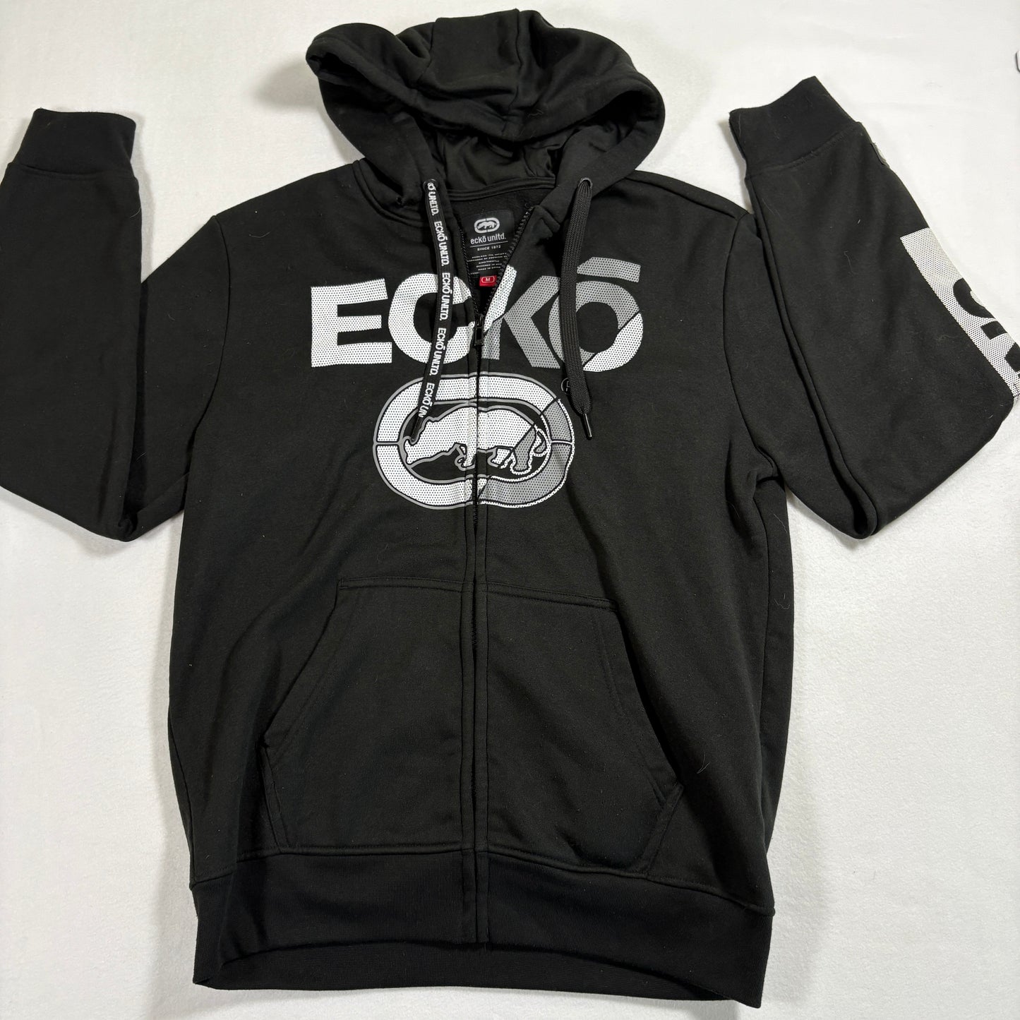 Ecko Unltd Mens Hoodie Medium Black Full Zip Sweatshirt Rhino Logo Y2K Streetwear