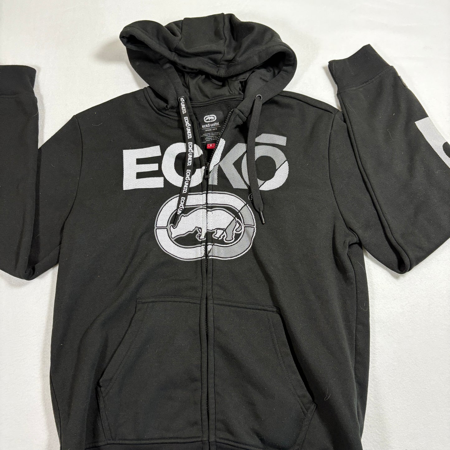 Ecko Unltd Mens Hoodie Medium Black Full Zip Sweatshirt Rhino Logo Y2K Streetwear