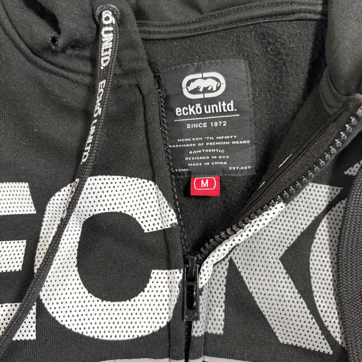 Ecko Unltd Mens Hoodie Medium Black Full Zip Sweatshirt Rhino Logo Y2K Streetwear