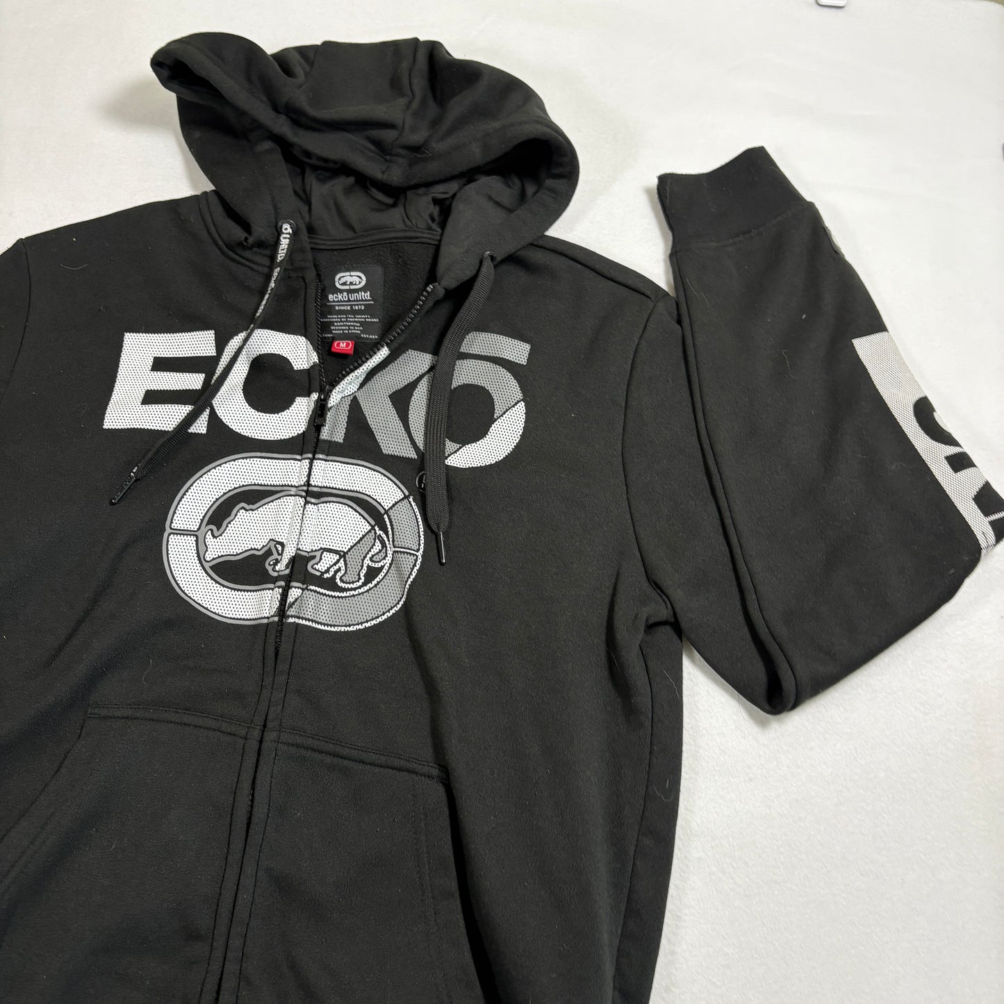 Ecko Unltd Mens Hoodie Medium Black Full Zip Sweatshirt Rhino Logo Y2K Streetwear