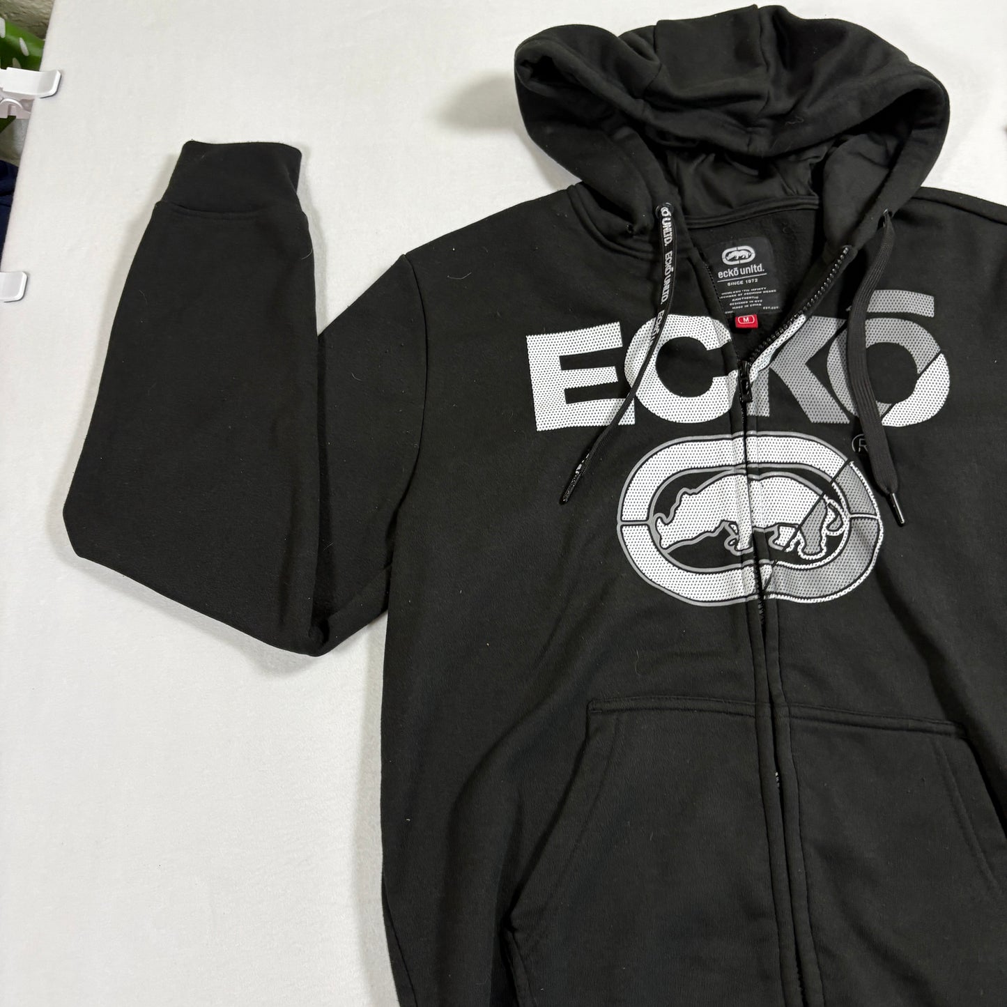 Ecko Unltd Mens Hoodie Medium Black Full Zip Sweatshirt Rhino Logo Y2K Streetwear