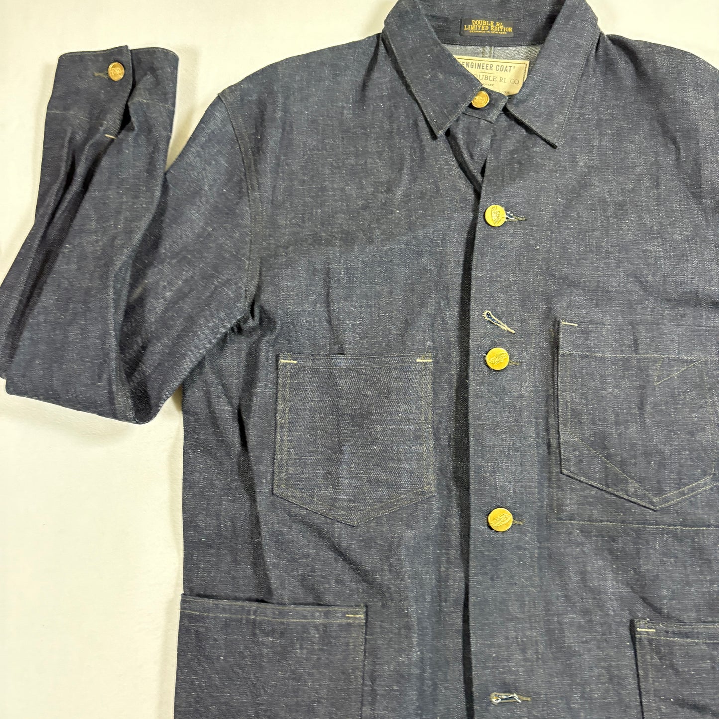 RRL Ralph Lauren Mens Engineer Coat Jacket Large Indigo Denim Selvedge Workwear