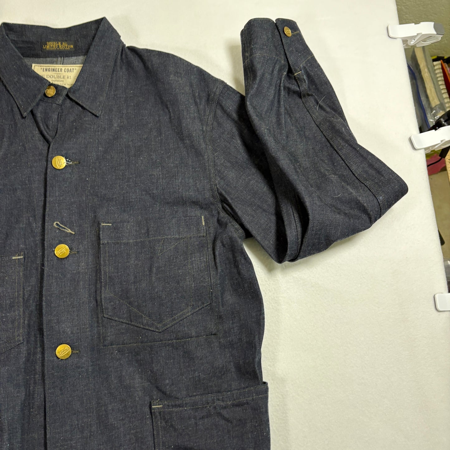 RRL Ralph Lauren Mens Engineer Coat Jacket Large Indigo Denim Selvedge Workwear