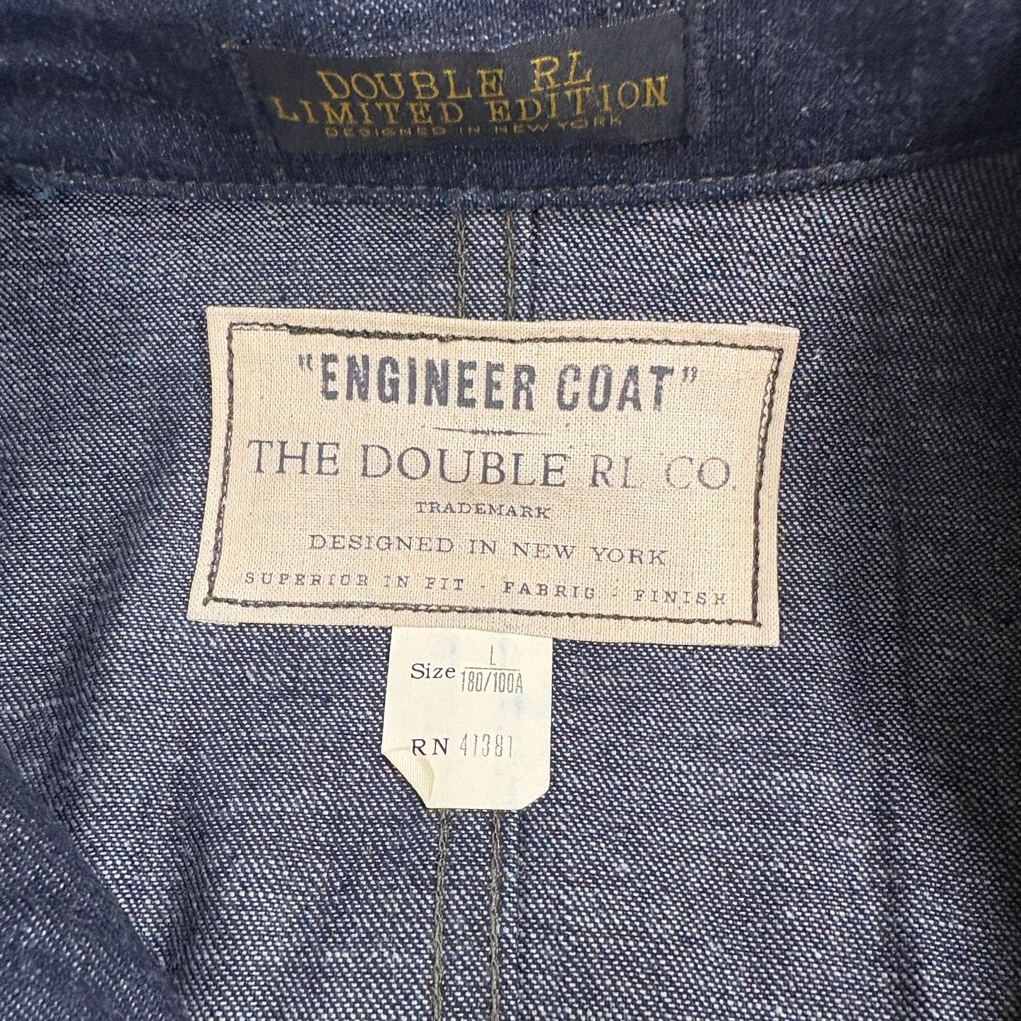 RRL Ralph Lauren Mens Engineer Coat Jacket Large Indigo Denim Selvedge Workwear