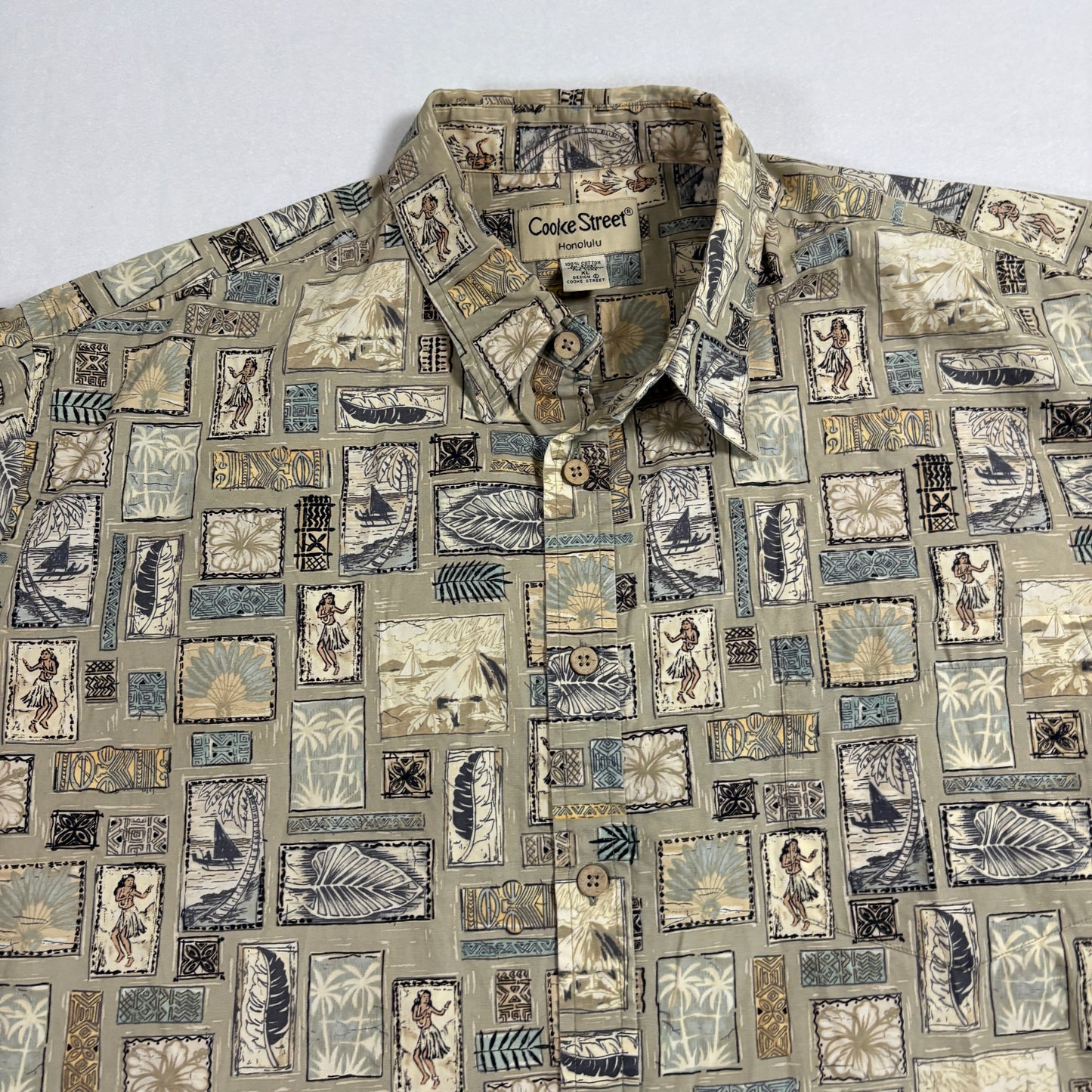 Cooke Street Honolulu Mens Hawaiian Shirt XL Cotton Aloha Hula Tiki Print Vintage