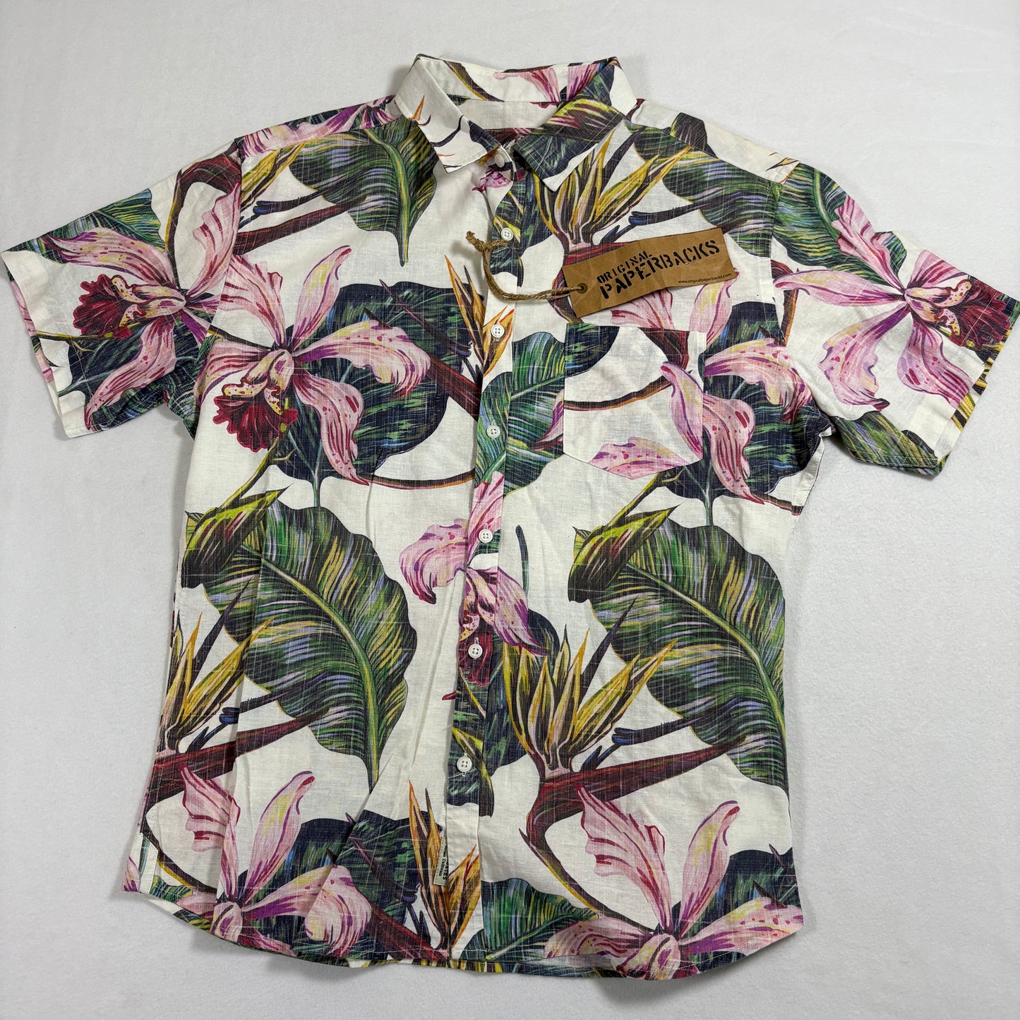 Original Paperbacks Mens Hawaiian Shirt Medium Orchid Floral Aloha Summer NWT
