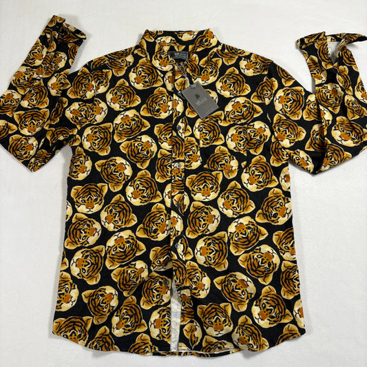 Loft 604 mens button shirt L Black Orange Tiger Print Long Sleeve Casual Y2K