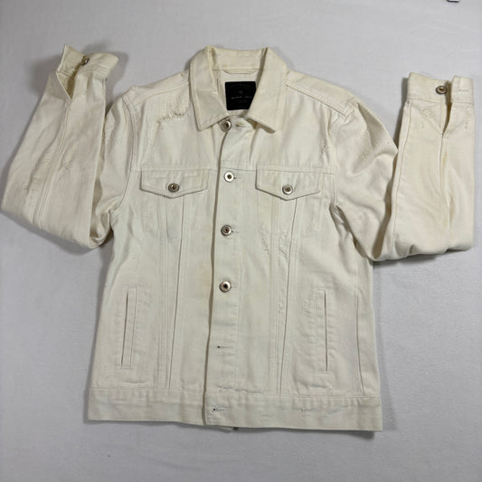 Zara Man mens denim jacket M White Distressed Trucker Button Up Y2K Streetwear