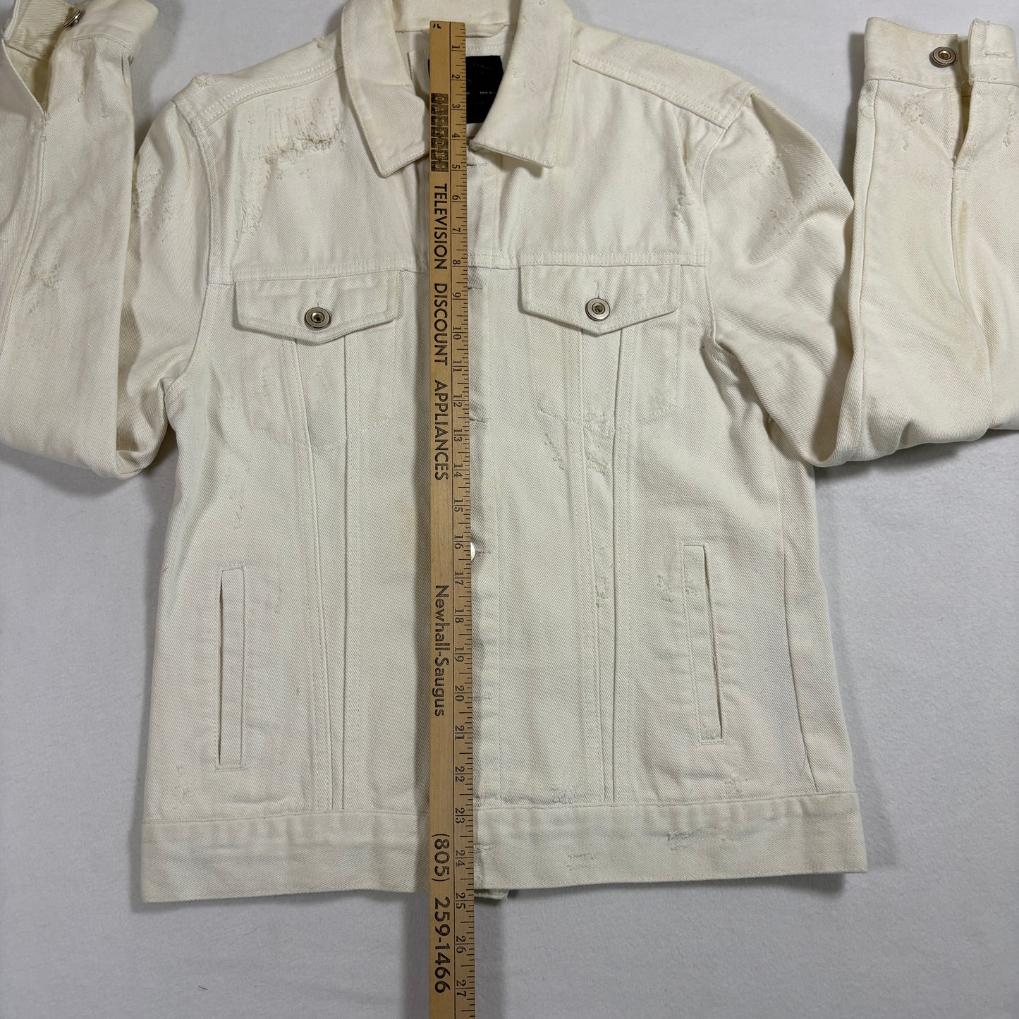 Zara Man mens denim jacket M White Distressed Trucker Button Up Y2K Streetwear