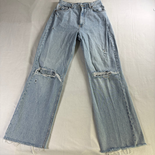 Zara Denim Wide Leg Jeans Light Wash Distressed Raw Hem 31x32 Y2K Retro