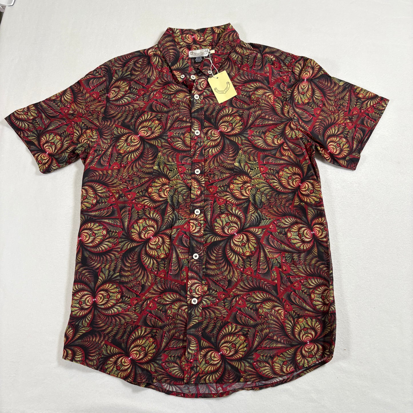 Oxford Lads mens shirt M Red Black Paisley Floral Button Front Short Sleeve Y2K
