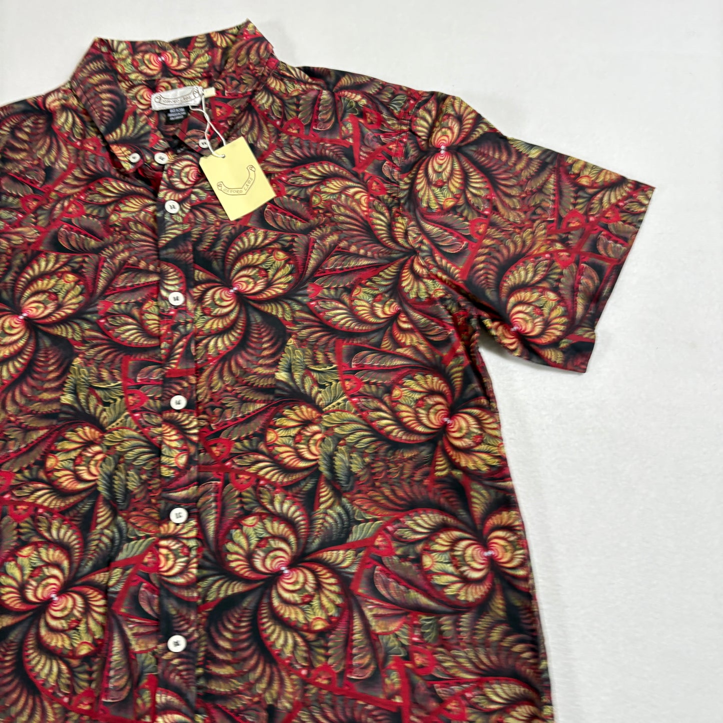 Oxford Lads mens shirt M Red Black Paisley Floral Button Front Short Sleeve Y2K