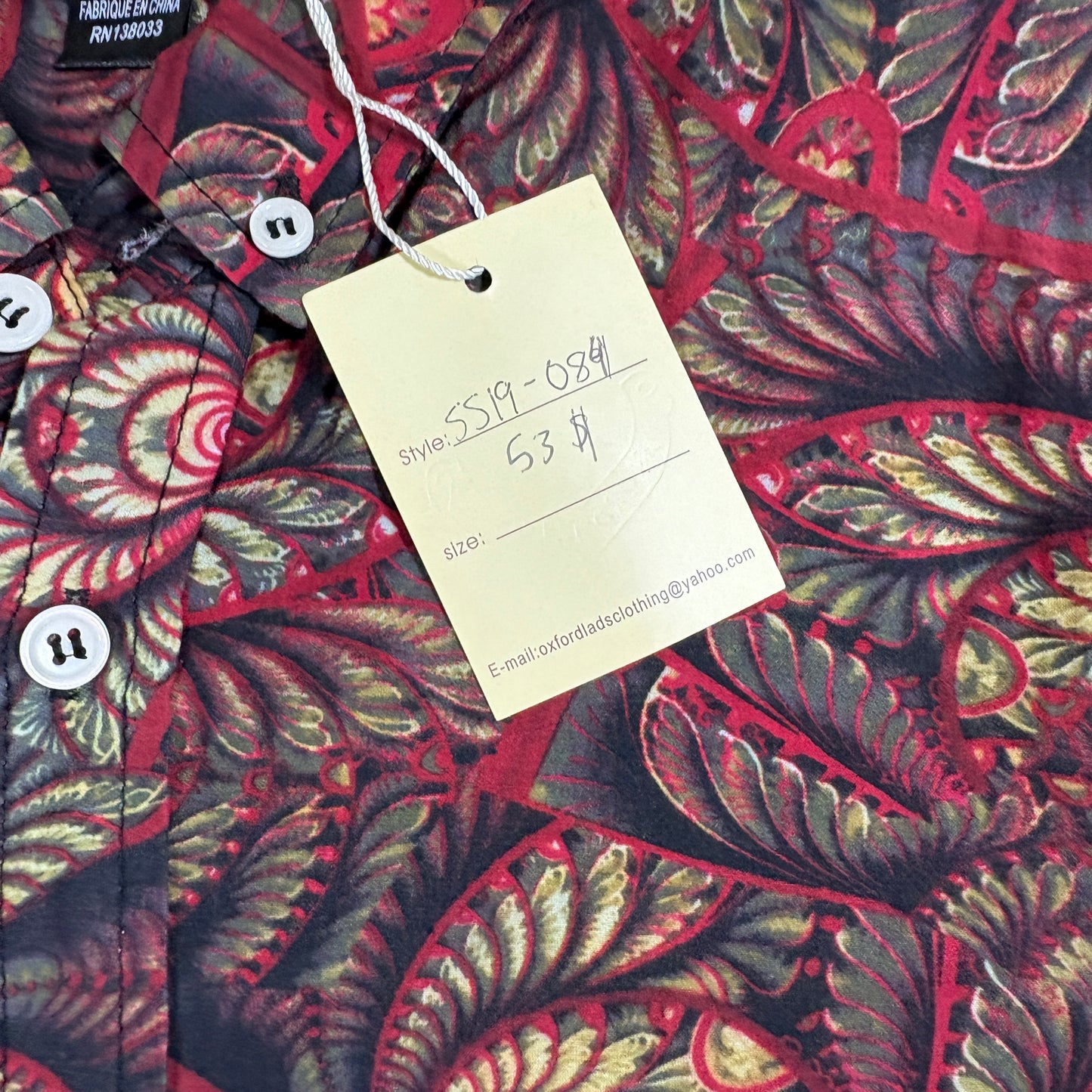 Oxford Lads mens shirt M Red Black Paisley Floral Button Front Short Sleeve Y2K