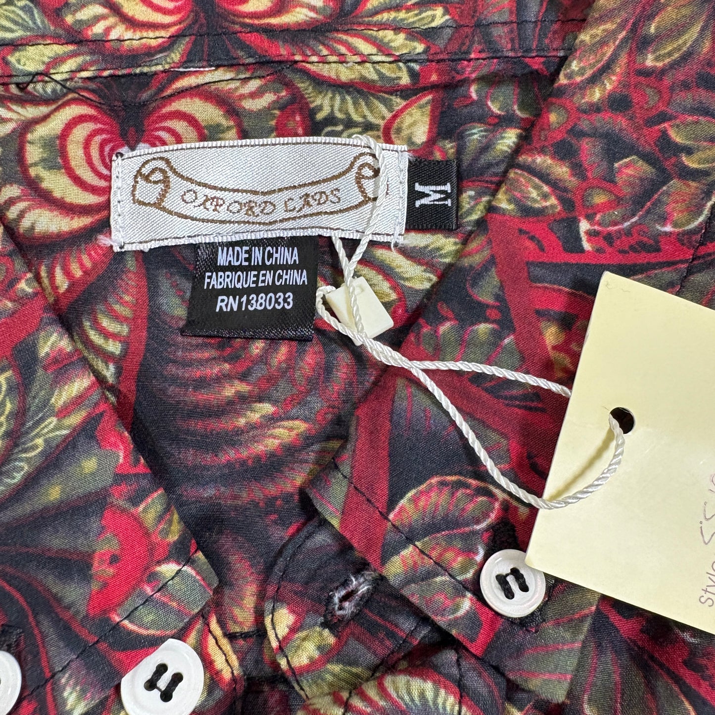 Oxford Lads mens shirt M Red Black Paisley Floral Button Front Short Sleeve Y2K