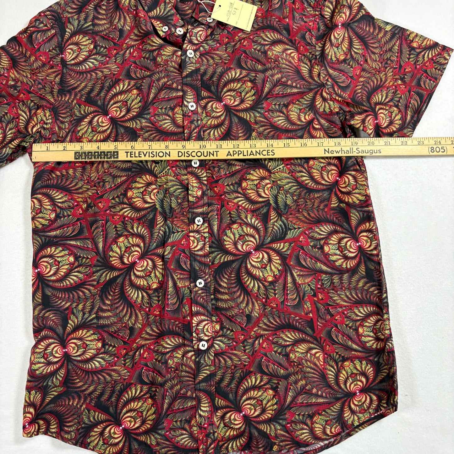 Oxford Lads mens shirt M Red Black Paisley Floral Button Front Short Sleeve Y2K