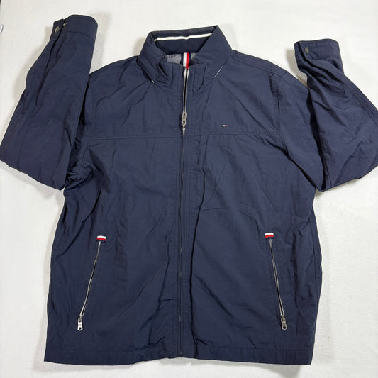 Tommy Hilfiger mens jacket XL Navy Full Zip Hooded Windbreaker Retro Y2K Streetwear