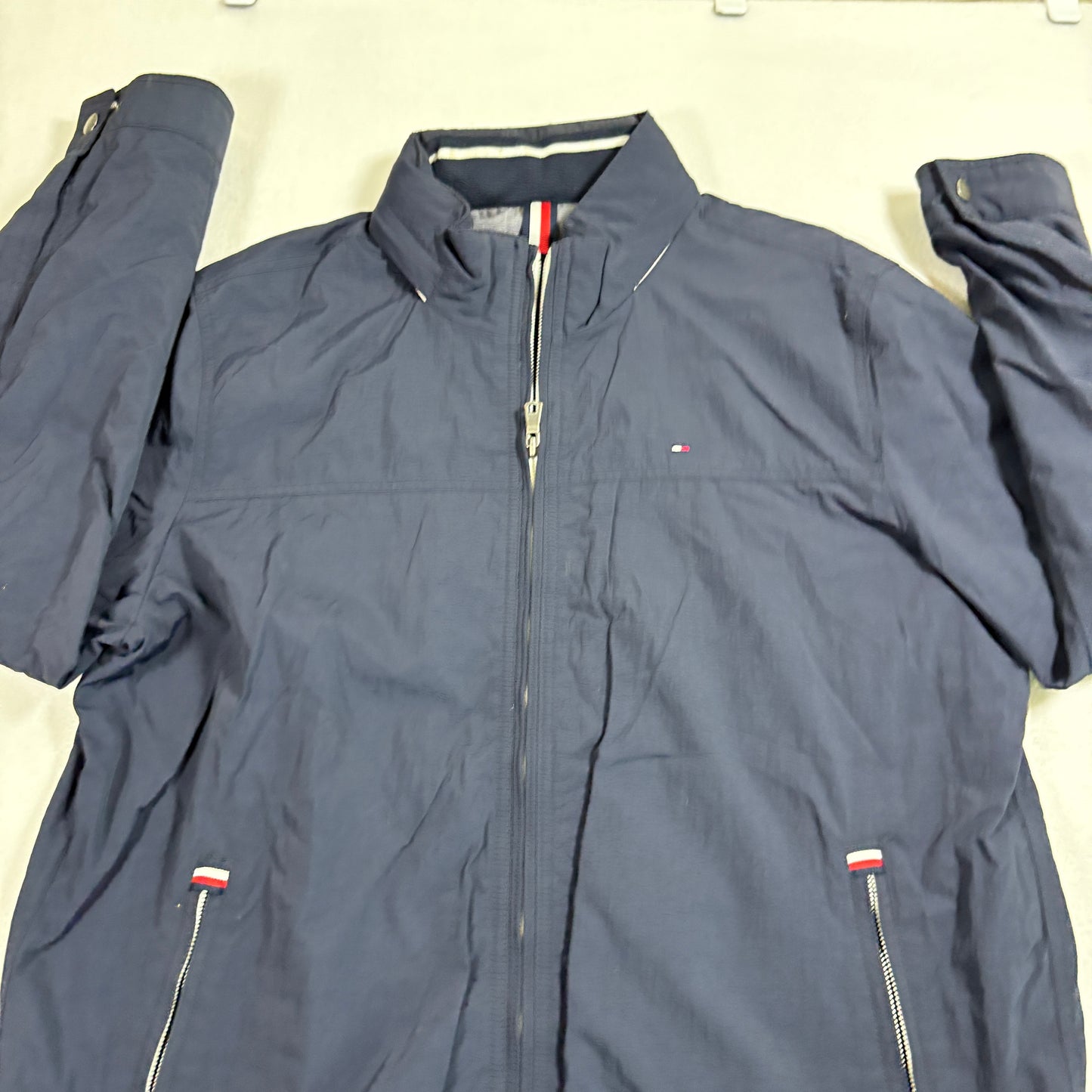 Tommy Hilfiger mens jacket XL Navy Full Zip Hooded Windbreaker Retro Y2K Streetwear