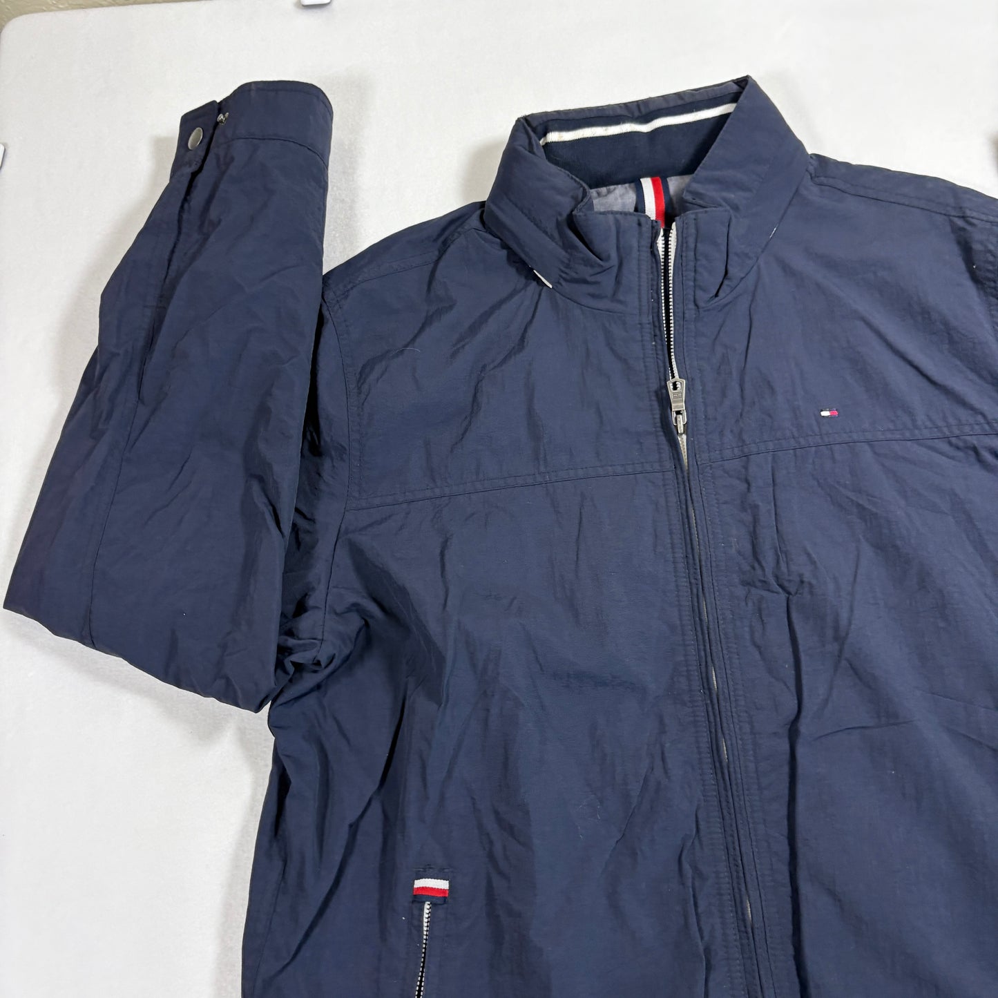 Tommy Hilfiger mens jacket XL Navy Full Zip Hooded Windbreaker Retro Y2K Streetwear