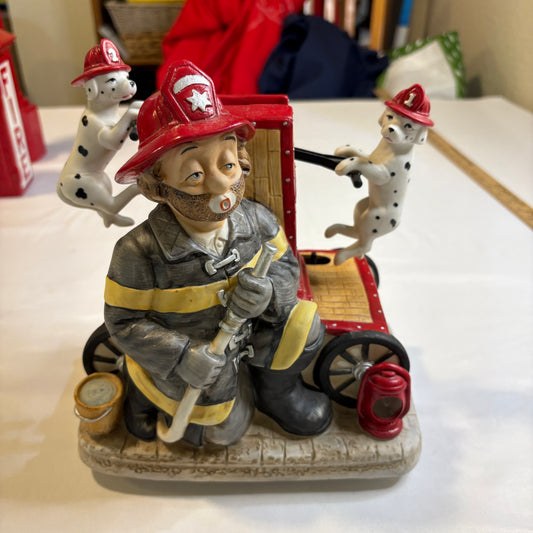 Fireman & Dalmatian Musical Figurine with Hose & Wagon – 11″ Vintage Decor