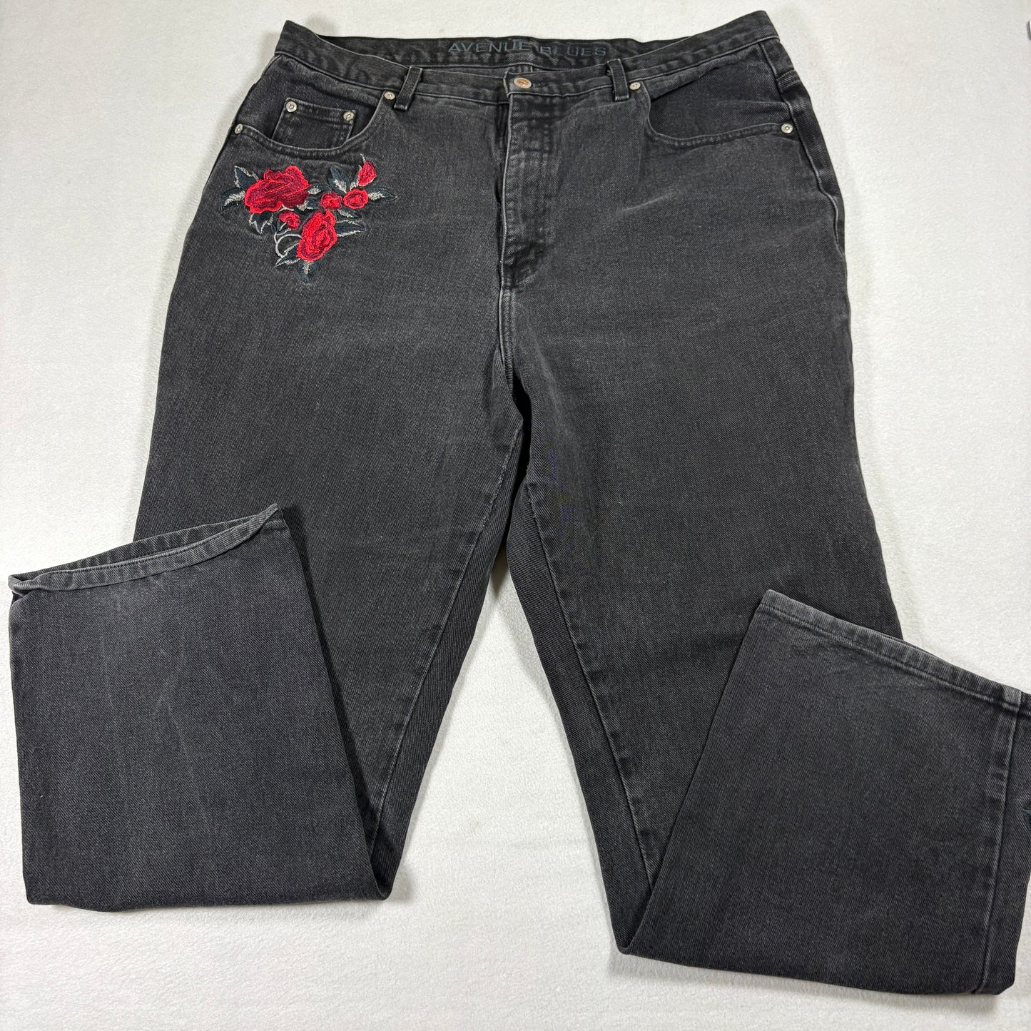 Avenue Womens 24W Black Jeans Floral Embroidery Grunge Baggy Distressed