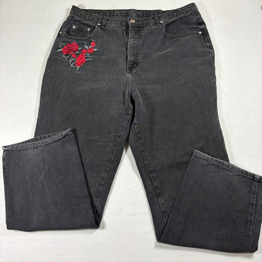 Avenue Womens 24W Black Jeans Floral Embroidery Grunge Baggy Distressed
