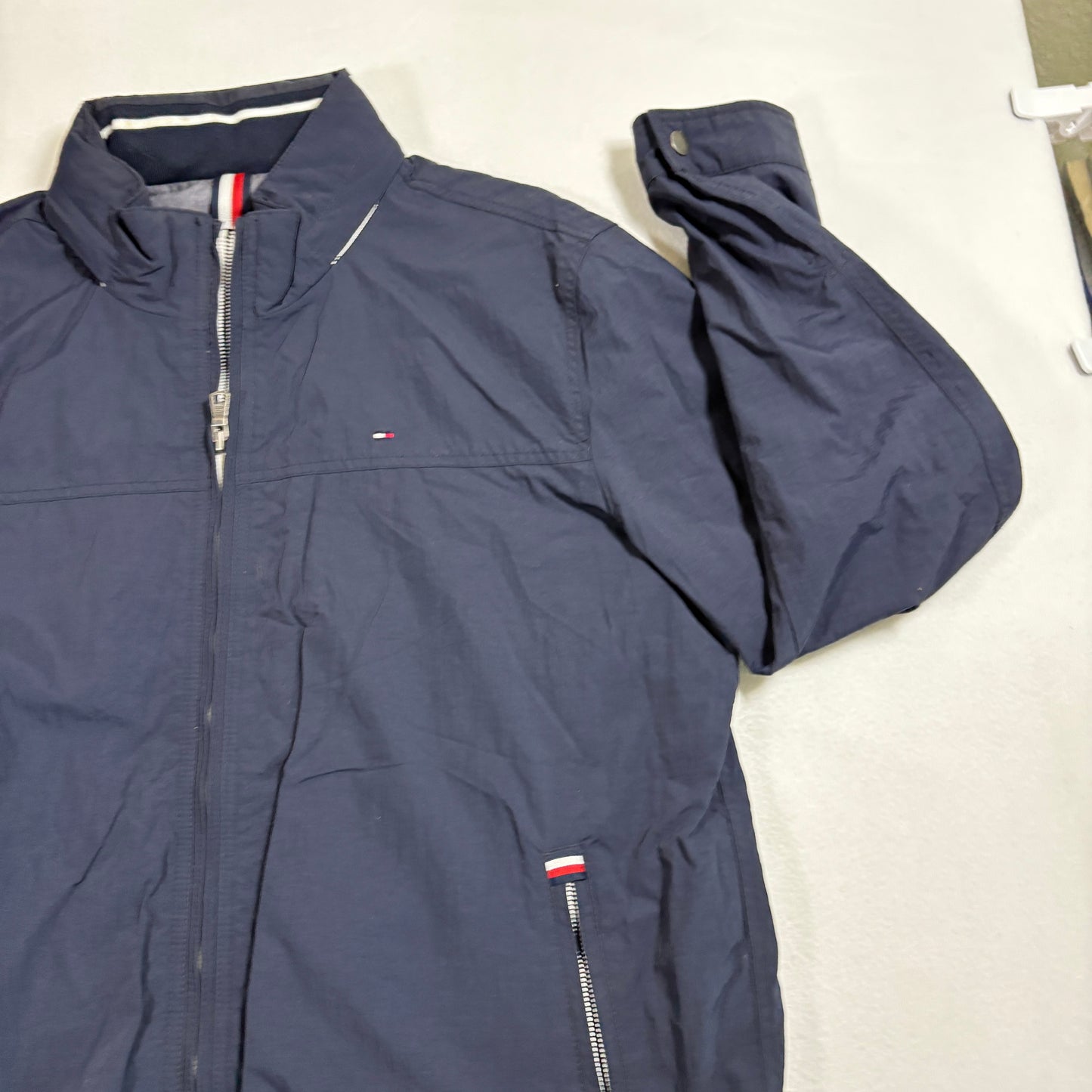 Tommy Hilfiger mens jacket XL Navy Full Zip Hooded Windbreaker Retro Y2K Streetwear