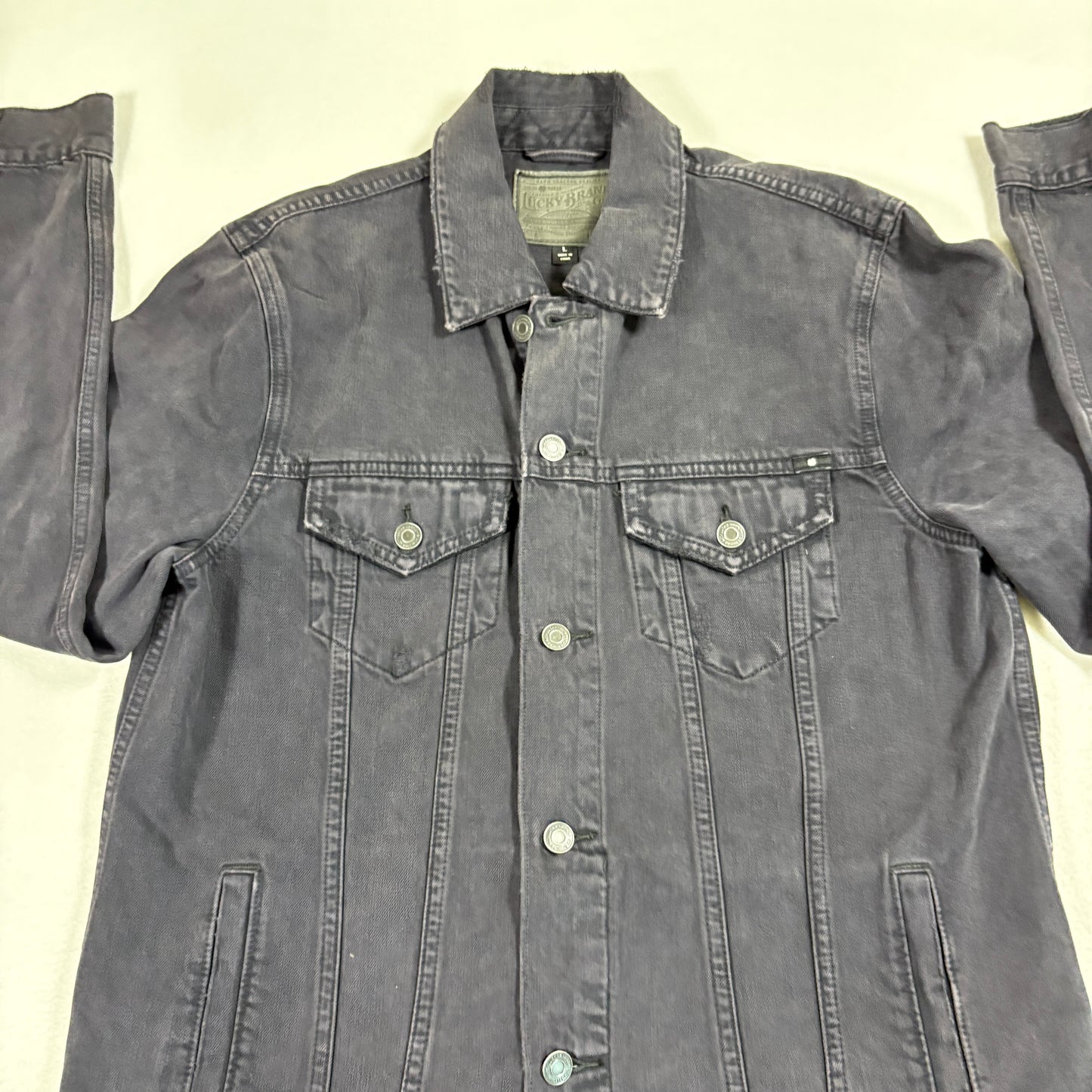 Lucky Brand Mens Denim Jacket Large Black Washed Trucker Vintage 90s Grunge