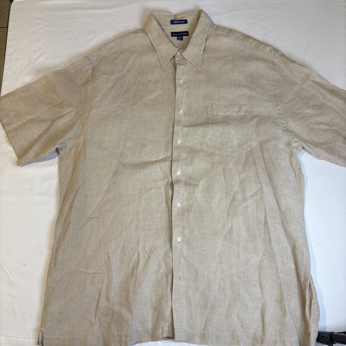 John Ashford 100% Linen Short Sleeve Button Shirt XXL Tall Beige Casual Summer