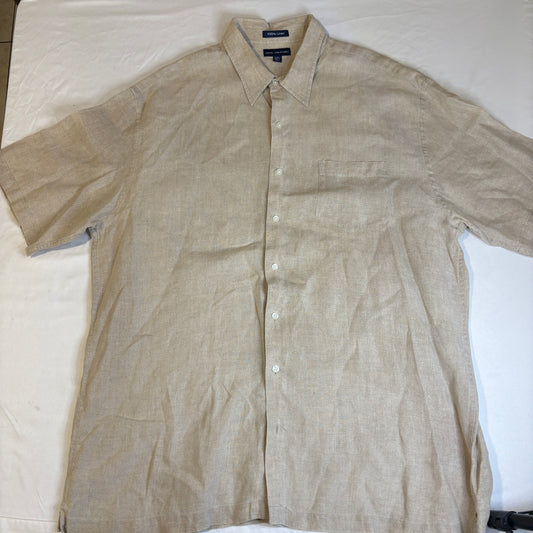 John Ashford 100% Linen Short Sleeve Button Shirt XXL Tall Beige Casual Summer