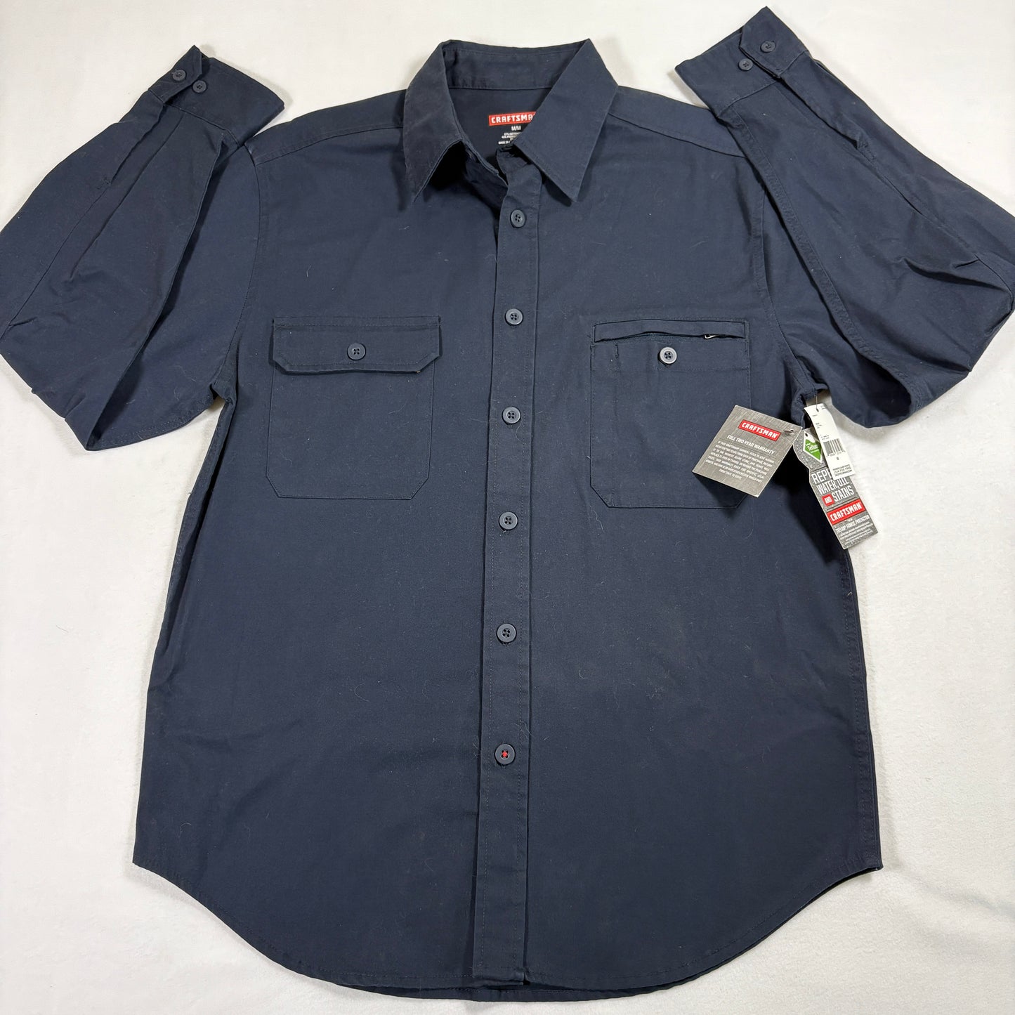 Craftsman Mens Work Shirt Medium Navy Blue Button Up Teflon Stain Resistant NWT