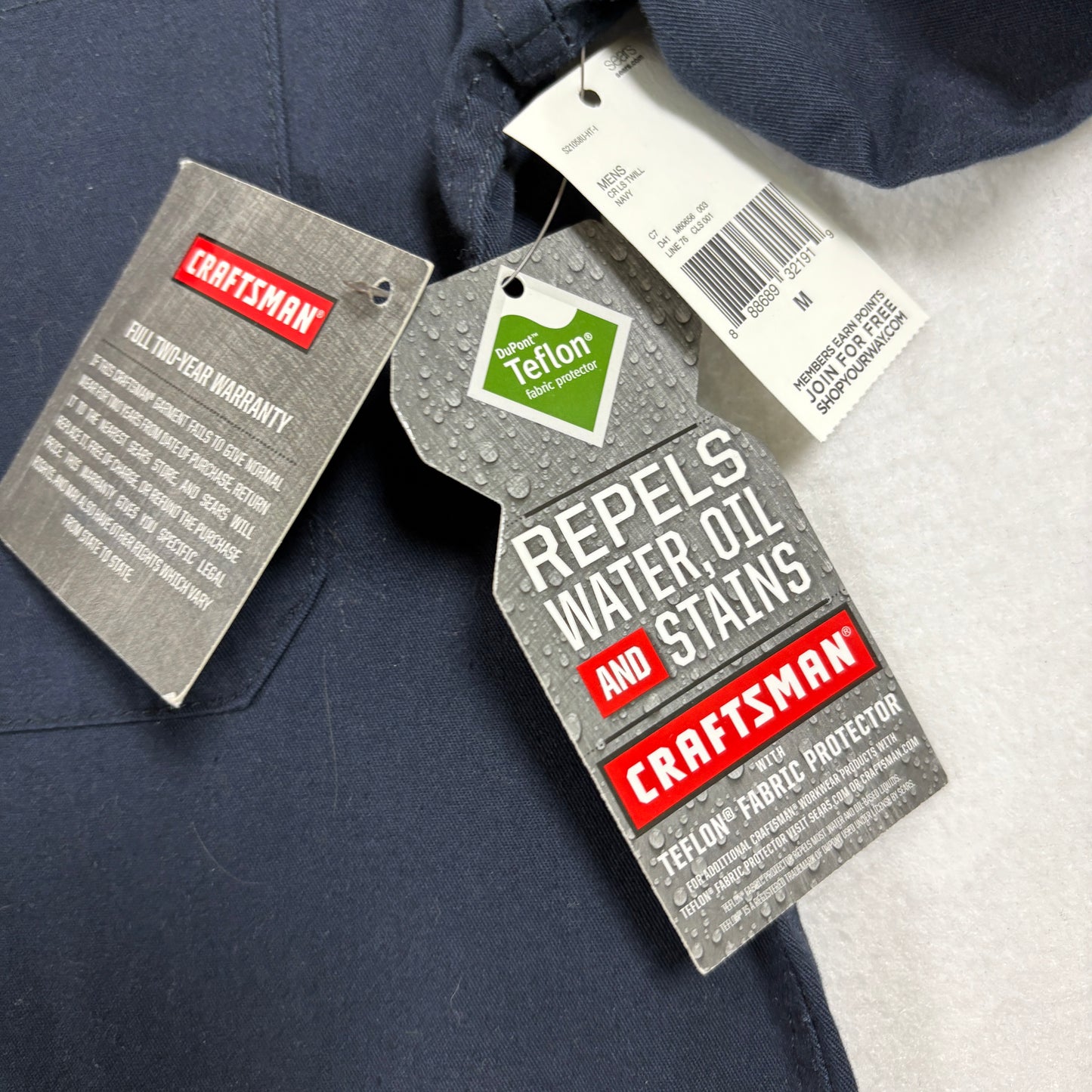 Craftsman Mens Work Shirt Medium Navy Blue Button Up Teflon Stain Resistant NWT